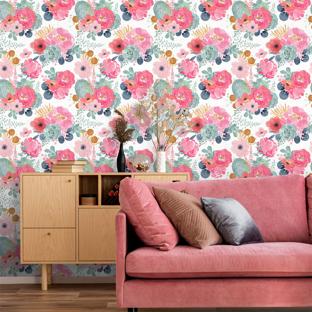 Watercolor Blush Rose & Cactus Peel and Stick Wallpaper, Soft Bright Botanical Decor | HaokHome