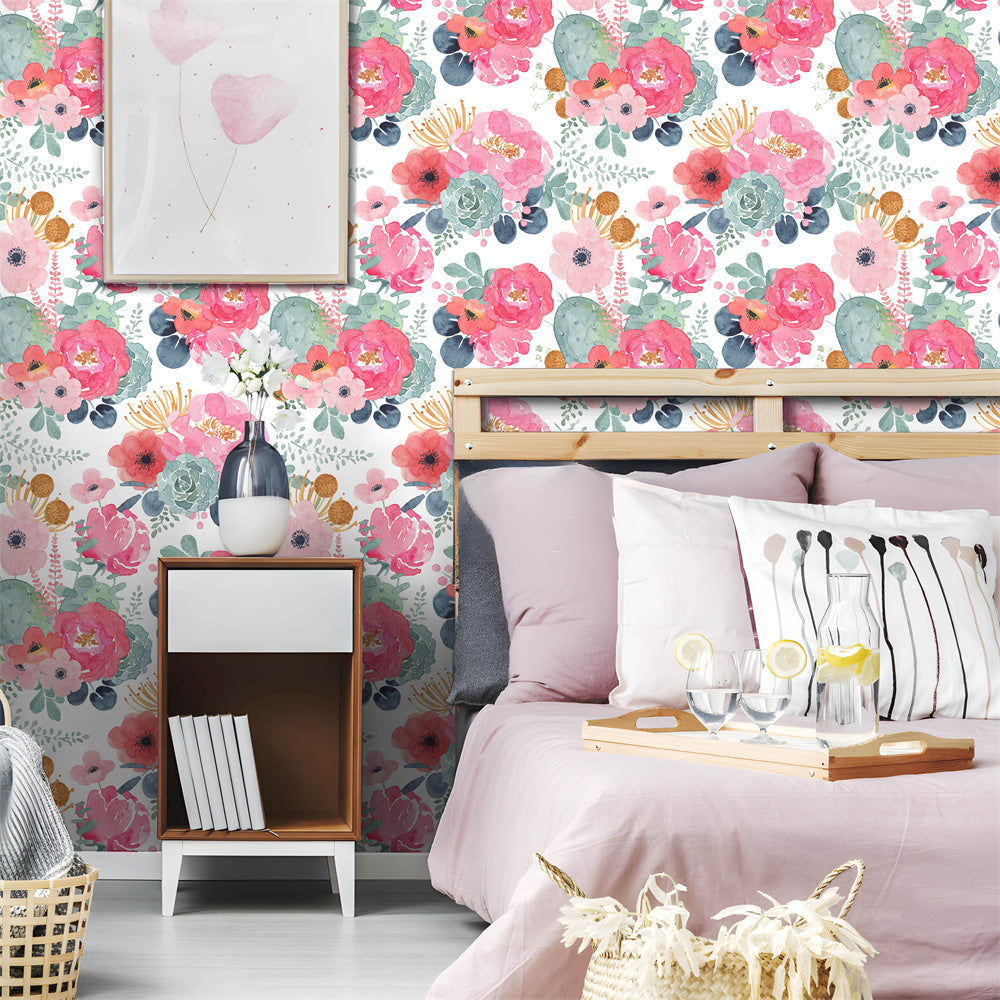 Watercolor Blush Rose & Cactus Peel and Stick Wallpaper, Soft Bright Botanical Decor | HaokHome
