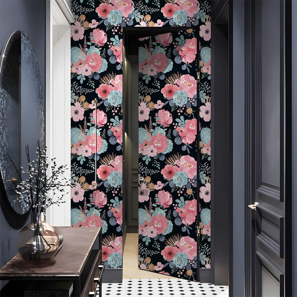 Watercolor Blush Rose & Cactus Peel and Stick Wallpaper, Moody Dark Botanical Decor | HaokHome