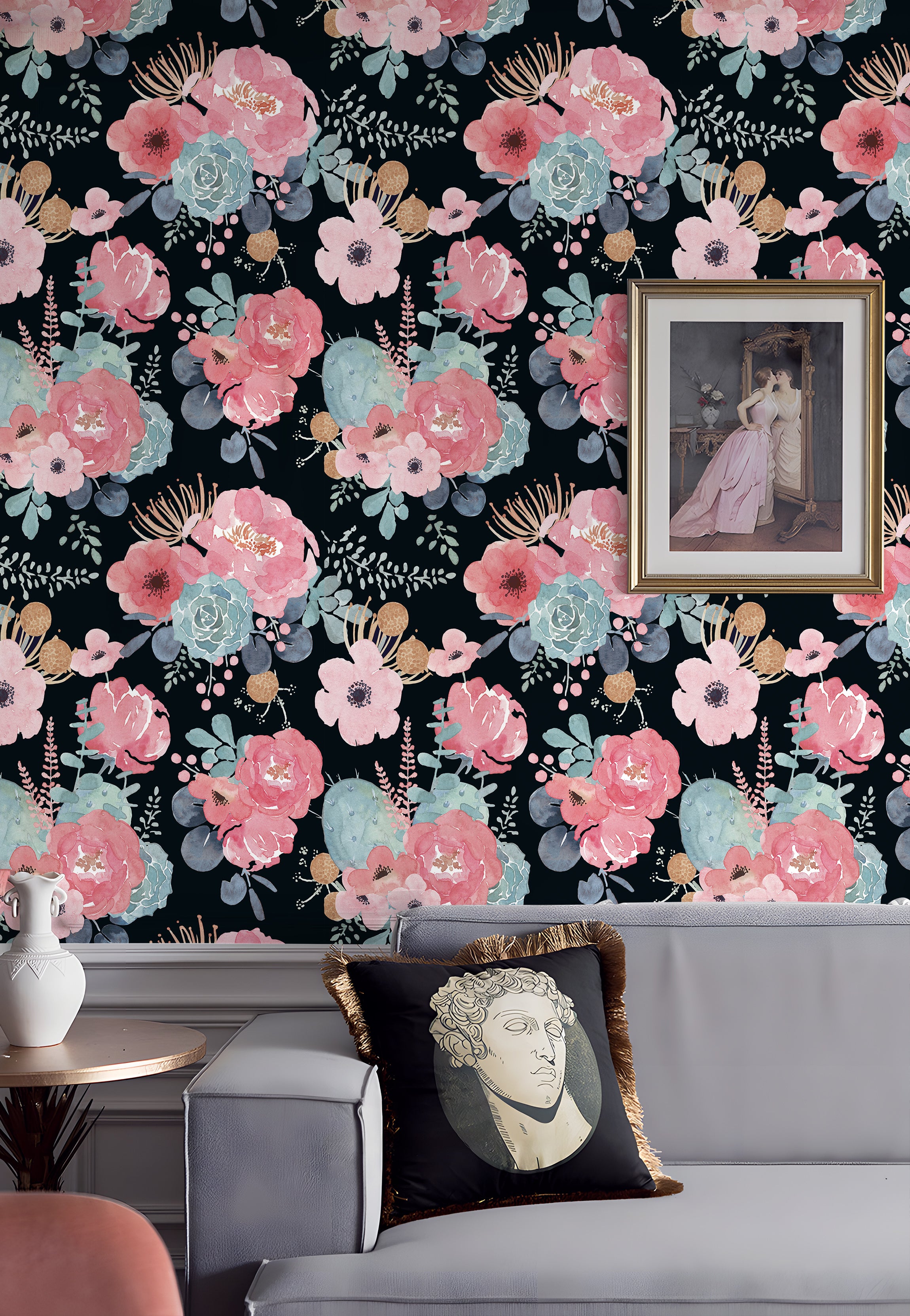 Watercolor Blush Rose & Cactus Peel and Stick Wallpaper, Moody Dark Botanical Decor | HaokHome