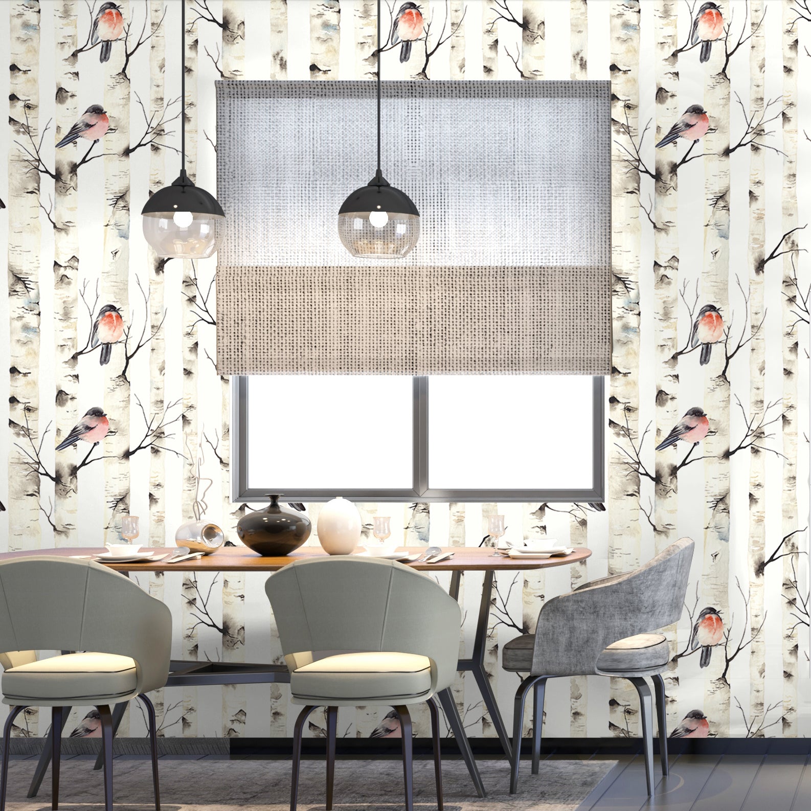HaokHome Birch Tree Forest Birds Peel and Stick Wallpaper
