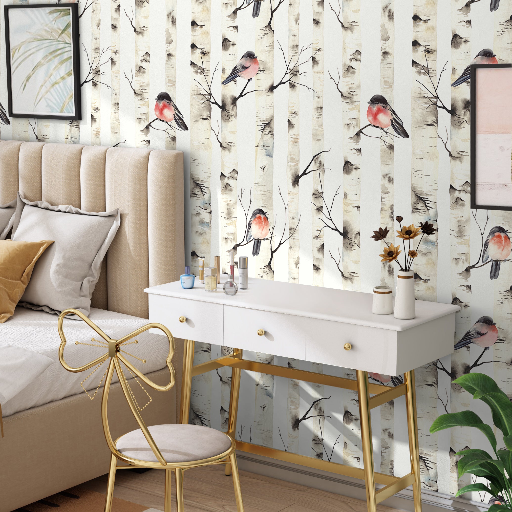 HaokHome Birch Tree Forest Birds Peel and Stick Wallpaper