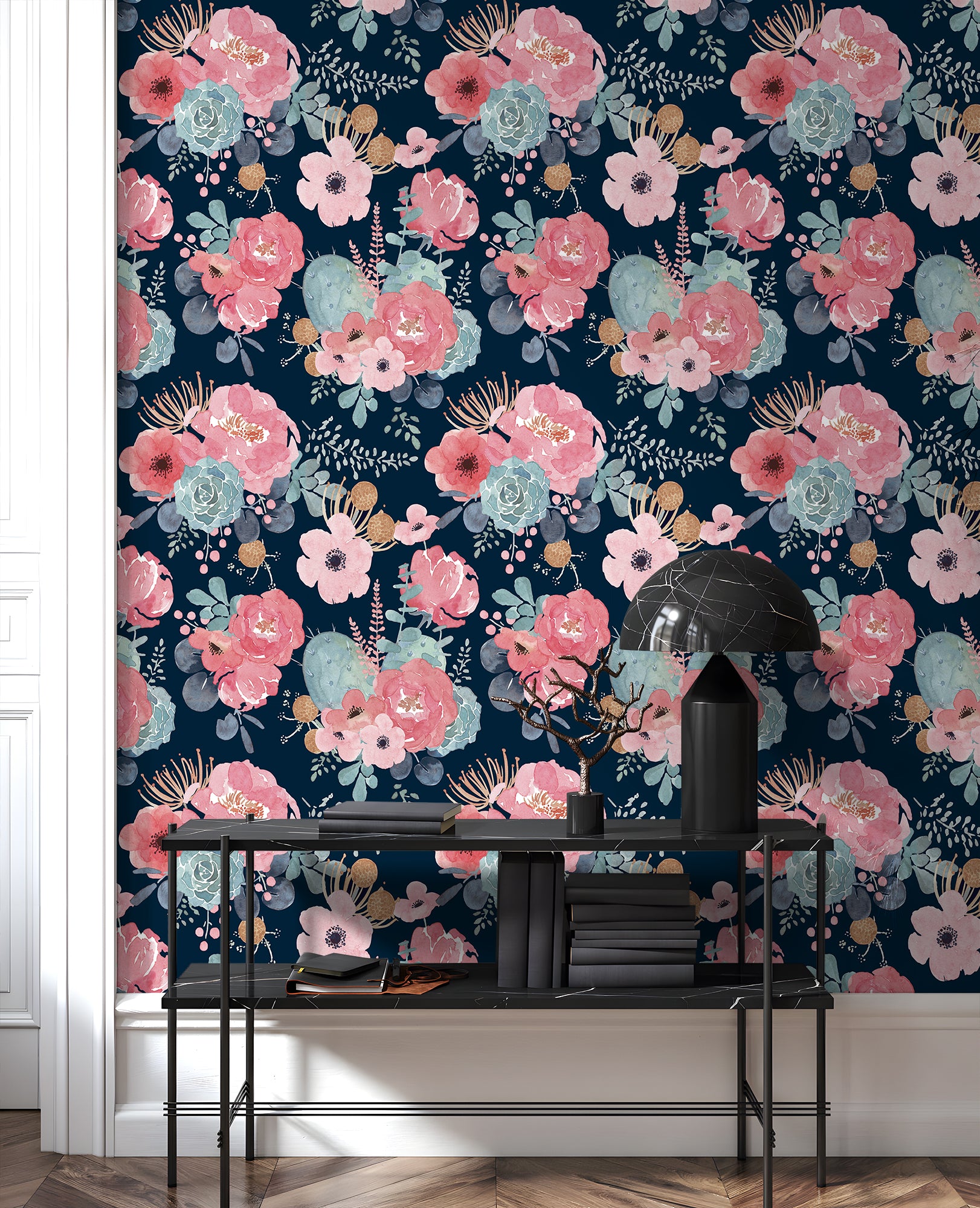 HaokHome Peel and Stick Wallpaper Navy Blue Watercolor Peony Floral Wall Mural Removable Self Adhesive Moody Botanical Wallpaper
