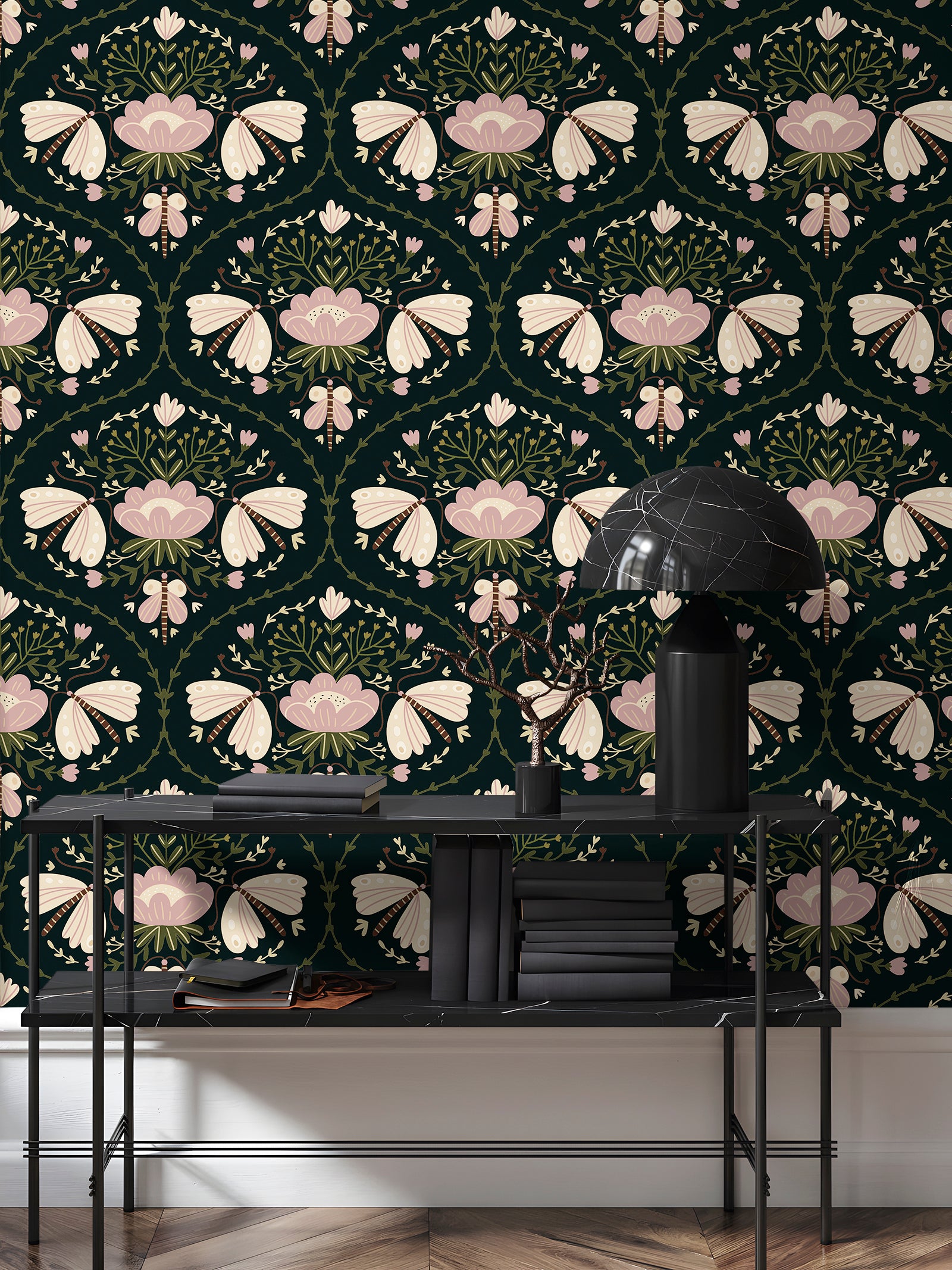 HaokHome Dark Green Folk Art Butterfly Floral Removable Self‑Adhesive Wall Covering