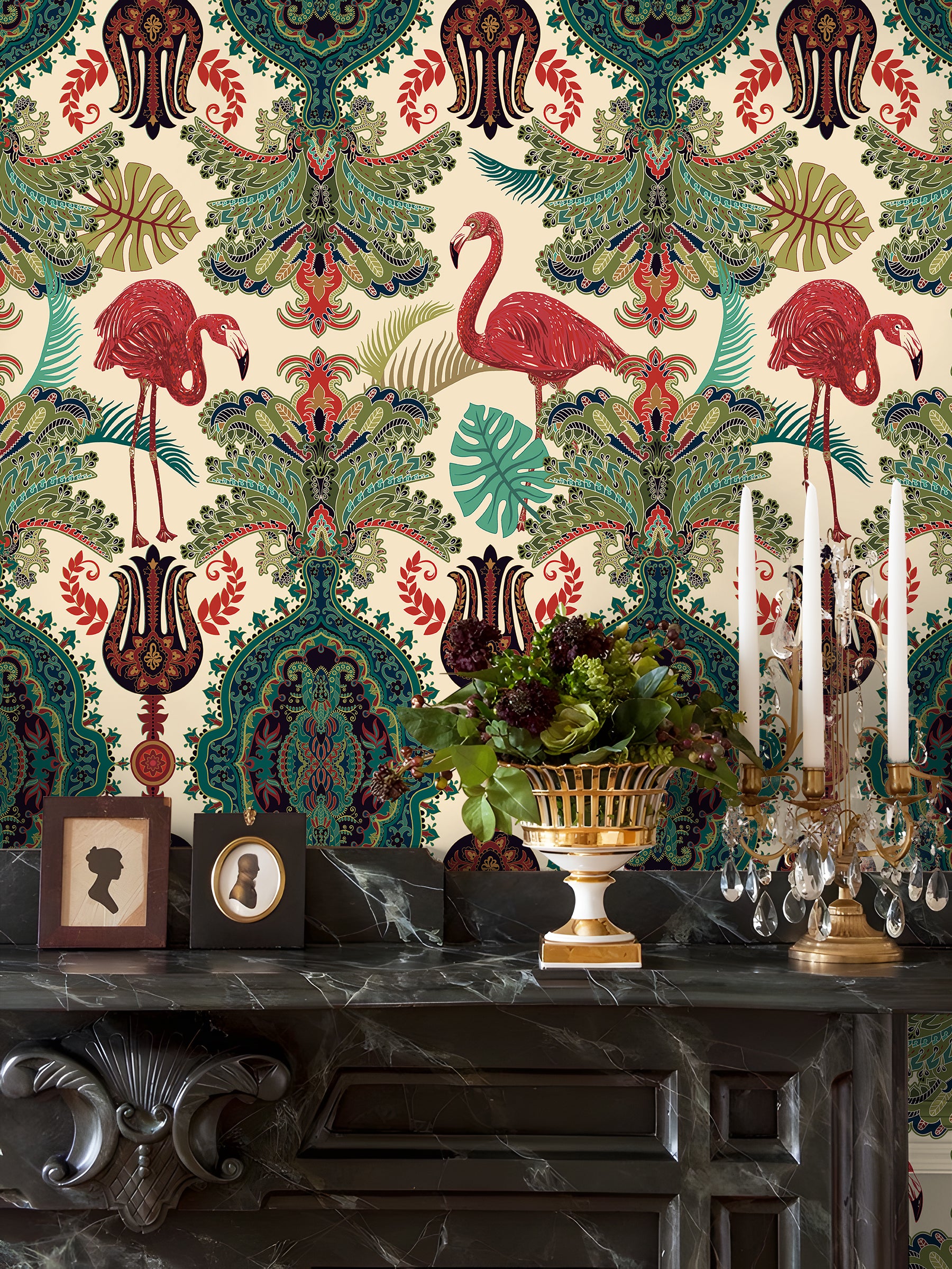 HaokHome Peel and Stick Wallpaper Boho Tropical Flamingo and Leaf Pattern Vintage Baroque Wall Mural Removable Vinyl Self Adhesive Wallpaper for Living Room Bedroom Accent Wall