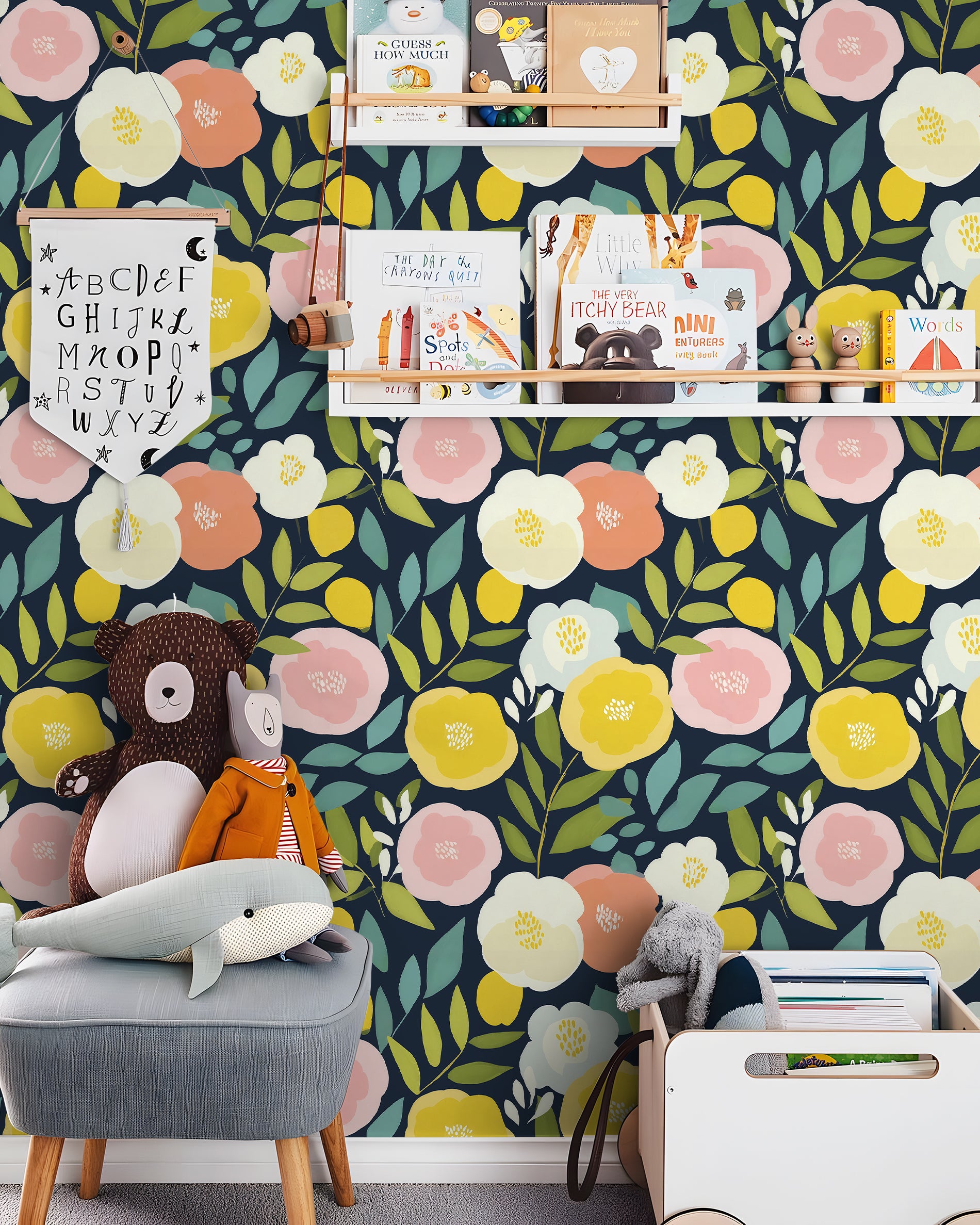 HaokHome Navy Botanical Peel and Stick Wallpaper, Colorful Flower & Leaf Removable Wallpaper for Renters