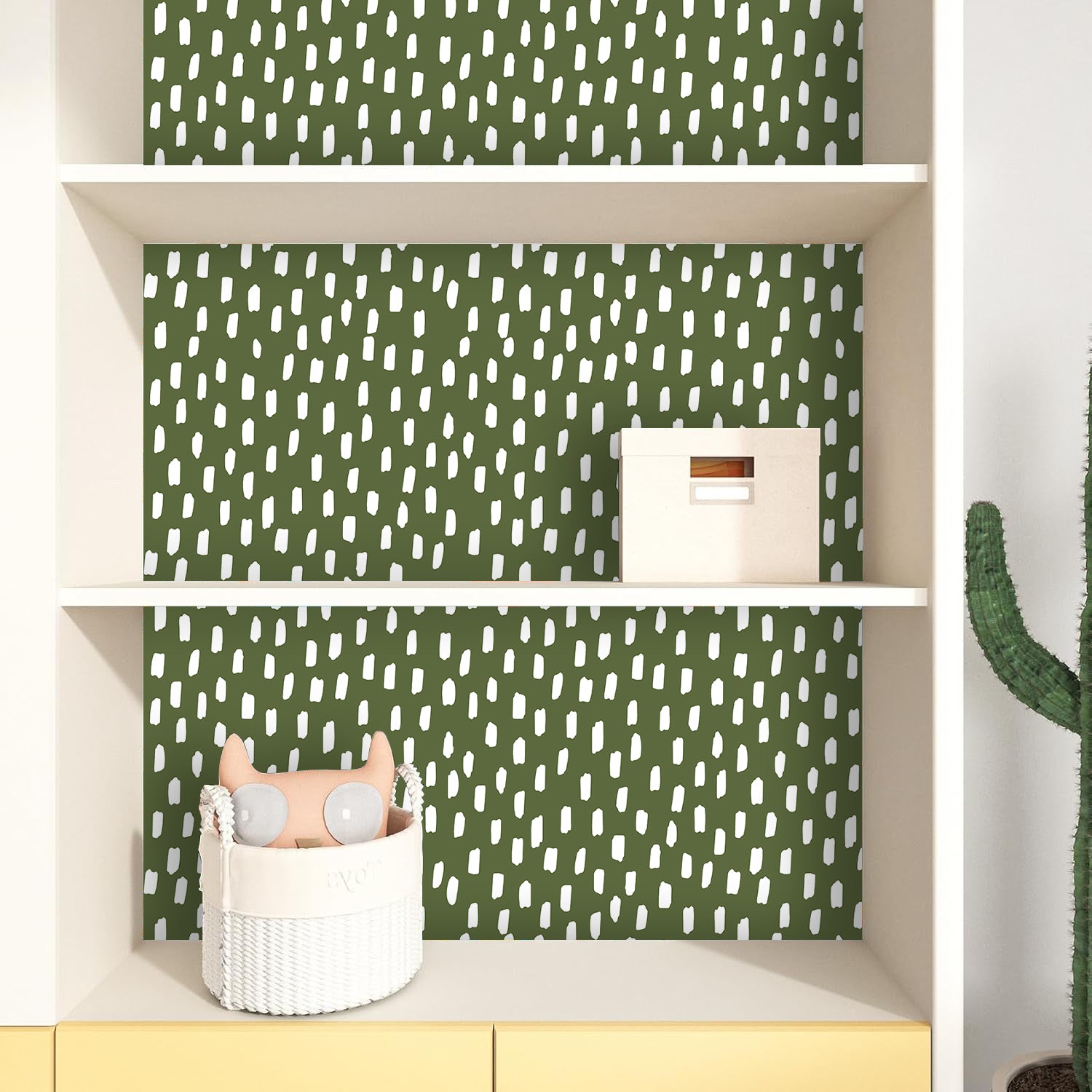 HaokHome Peel and Stick Wallpaper Olive Green Hand Drawn White Dash Dot Wall Mural Removable Self Adhesive Minimalist Neutral Wallpaper