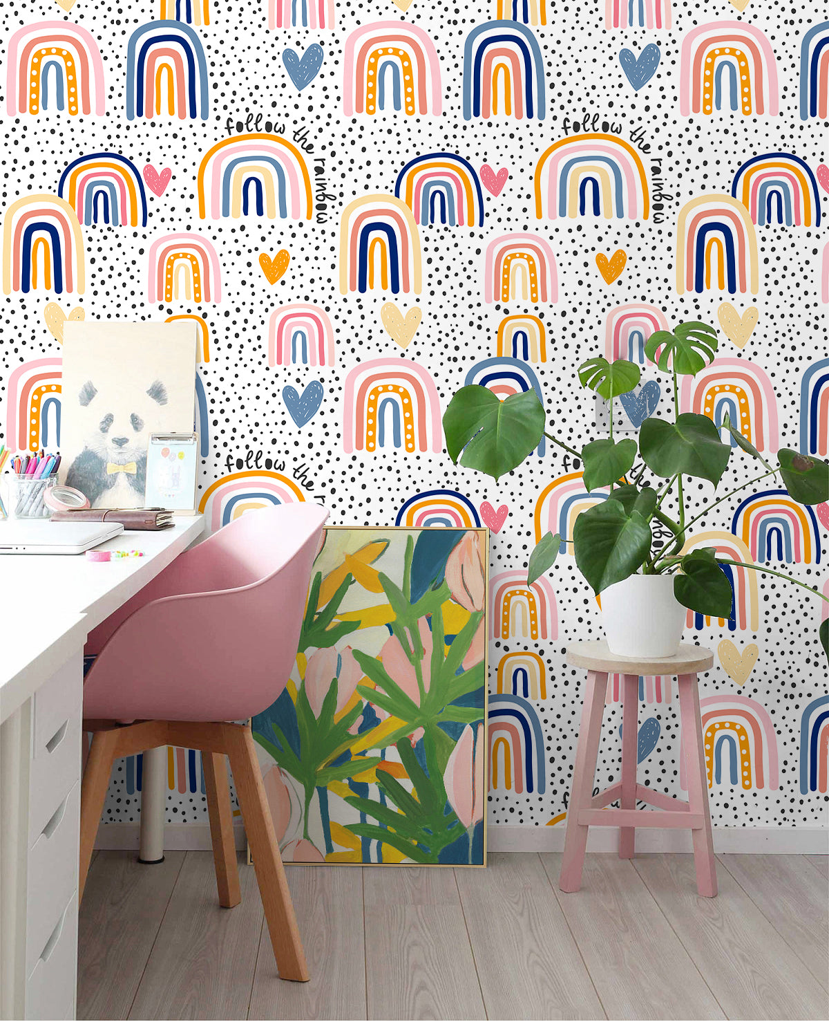 HaokHome Peel and Stick Wallpaper Boho Whimsical Rainbow & Hand-Drawn Hearts on Polka Dot Background Removable Wall Mural for Nursery & Kids Bedroom