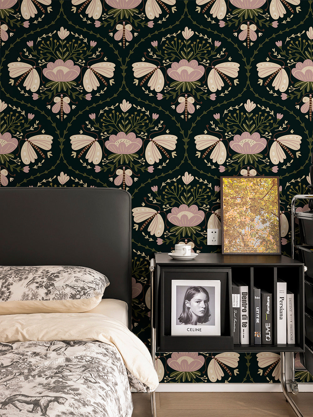 HaokHome Moody Black Floral Peel and Stick Wallpaper, Vintage Moth & Dahlia Removable Self Adhesive Wallpaper