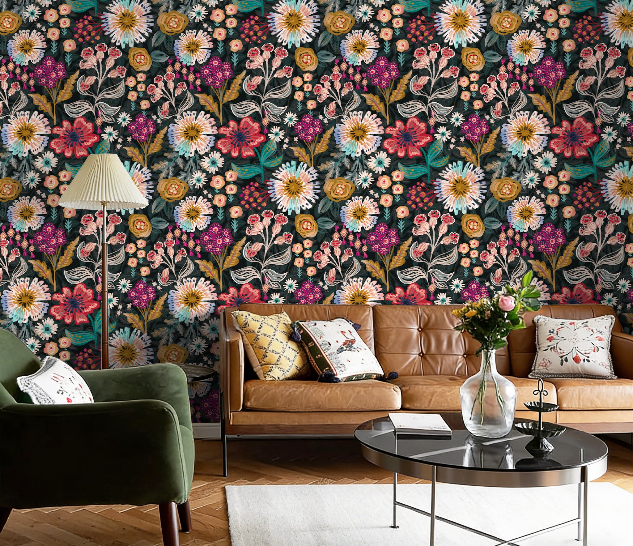 HaokHome Peel and Stick Wallpaper – Dark Moody Folk Wildflower Hand‑Drawn Botanical Removable Wallpaper for Accent Wall