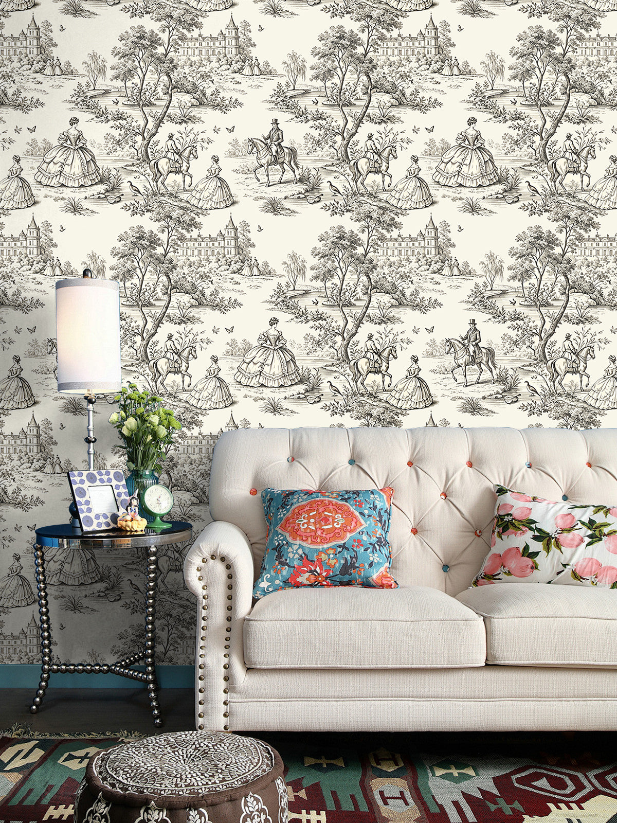 HaokHome Soft Tone Toile de Jouy Peel and Stick Wallpaper, Beige & Off-White French Vintage Scenic Removable Self Adhesive Wallpaper
