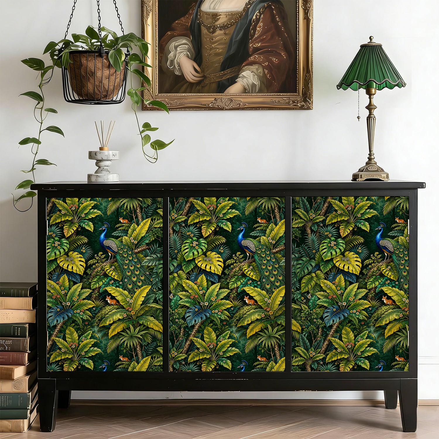 HaokHome Peel and Stick Wallpaper Tropical Jungle Peacock Removable Wall Decor with Lush Botanical & Fox Pattern for Exotic Nature Room
