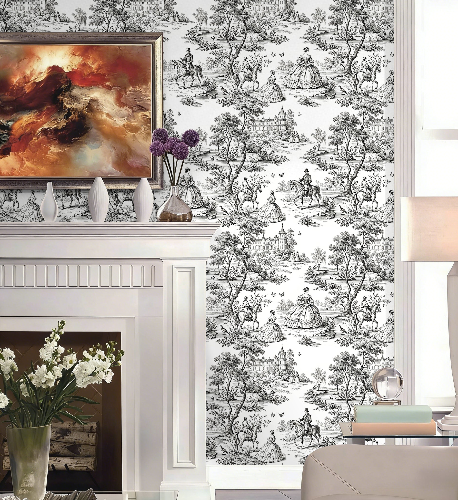 HaokHome Neutral Toile de Jouy Peel and Stick Wallpaper, Black & White Vintage French Scenic Removable Self Adhesive Wallpaper
