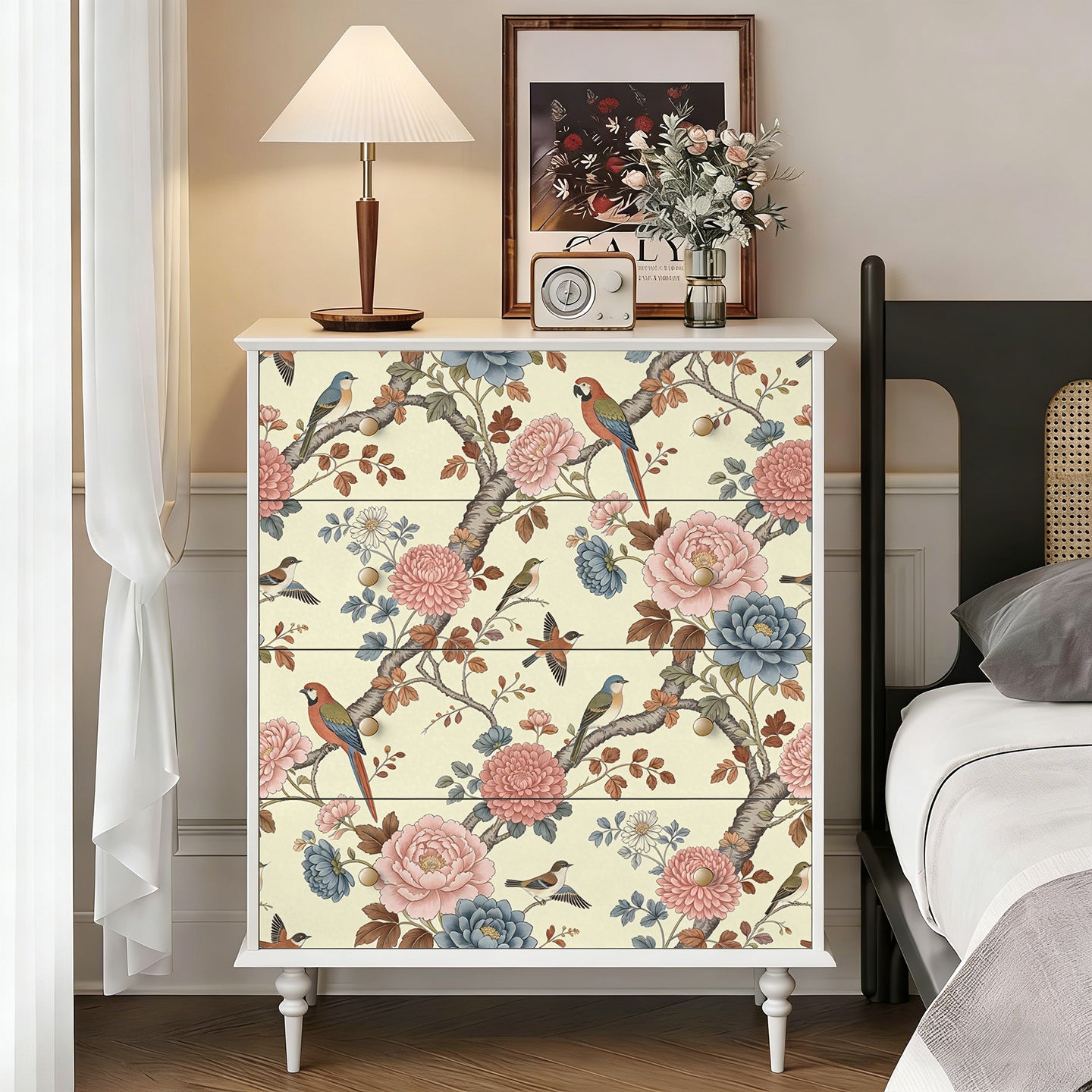 HaokHome Peel and Stick Wallpaper French Chinoiserie Peony and Bird Floral Muted Tone Elegant Garden Style Removable Self Adhesive Wallpaper for Bedroom & Entryway