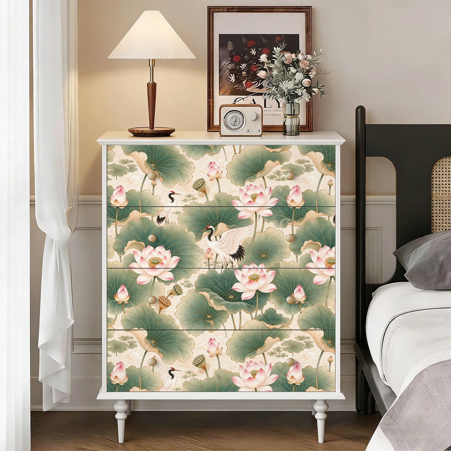 HaokHome Peel and Stick Wallpaper Chinoiserie Lotus Crane Floral Wall Mural Removable Self Adhesive Serene Botanical Wallpaper