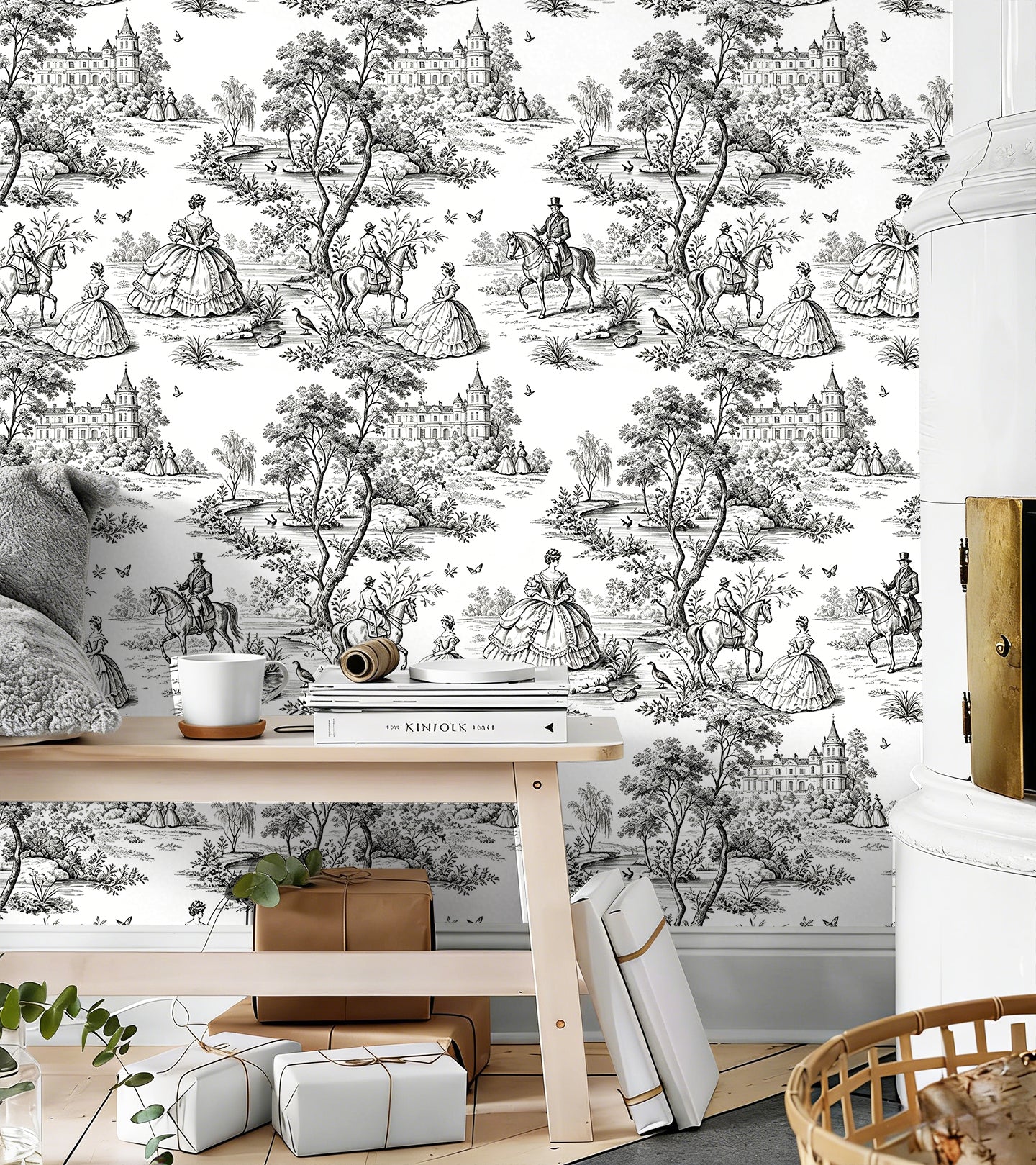 HaokHome Neutral Toile de Jouy Peel and Stick Wallpaper, Black & White Vintage French Scenic Removable Self Adhesive Wallpaper