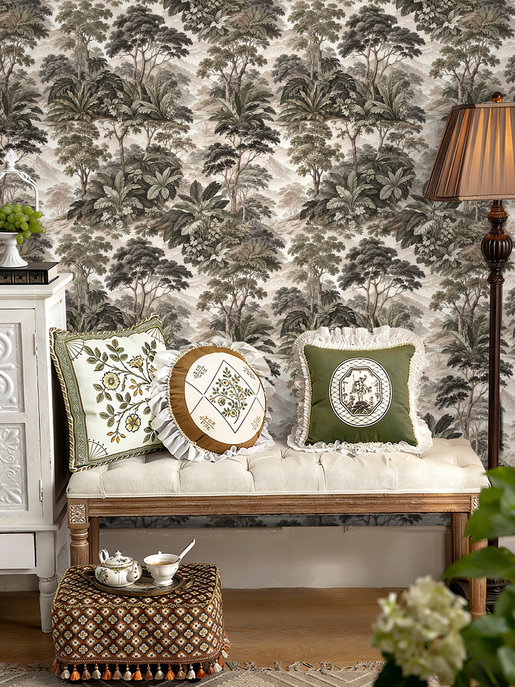 Vintage Tropical Landscape Wallpaper – Sepia Jungle Tree Botanical Print