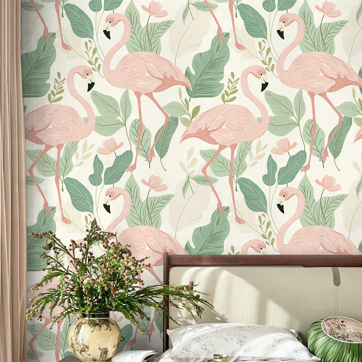HaokHome Peel and Stick Wallpaper - Soft Pastel Flamingo & Leaf Pattern Removable Self Adhesive Wallpaper for Nursery & Kids Room