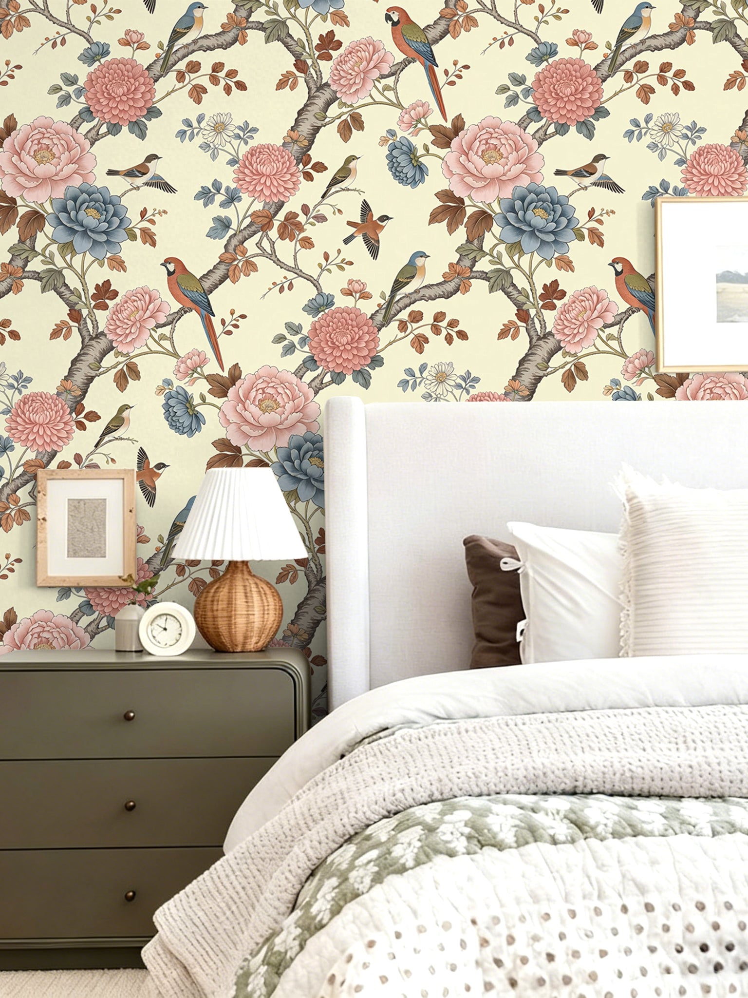 HaokHome Peel and Stick Wallpaper French Chinoiserie Peony and Bird Floral Muted Tone Elegant Garden Style Removable Self Adhesive Wallpaper for Bedroom & Entryway