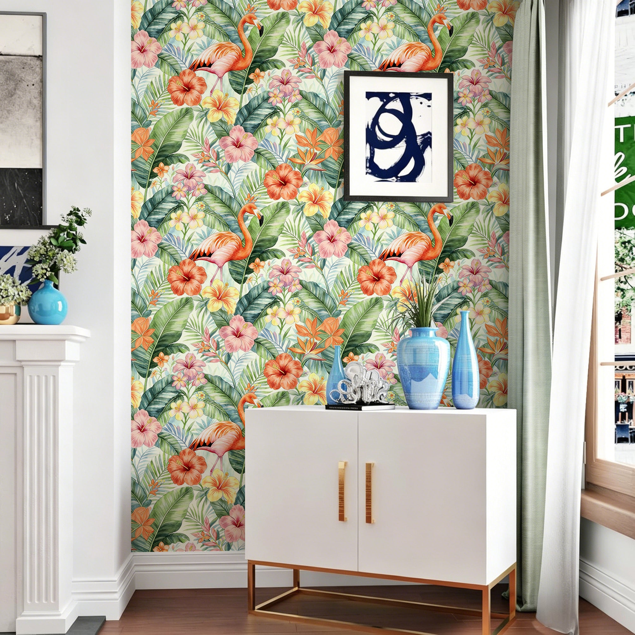 HaokHome Peel and Stick Wallpaper Tropical Flamingo Hibiscus Floral Removable Wall Paper Boho Watercolor Jungle Mural for Bedroom Living Room Bathroom Cabinets