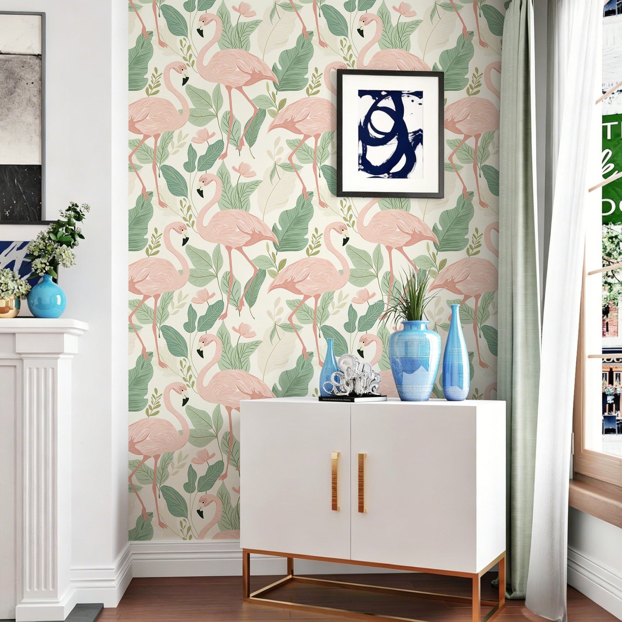 HaokHome Peel and Stick Wallpaper - Soft Pastel Flamingo & Leaf Pattern Removable Self Adhesive Wallpaper for Nursery & Kids Room