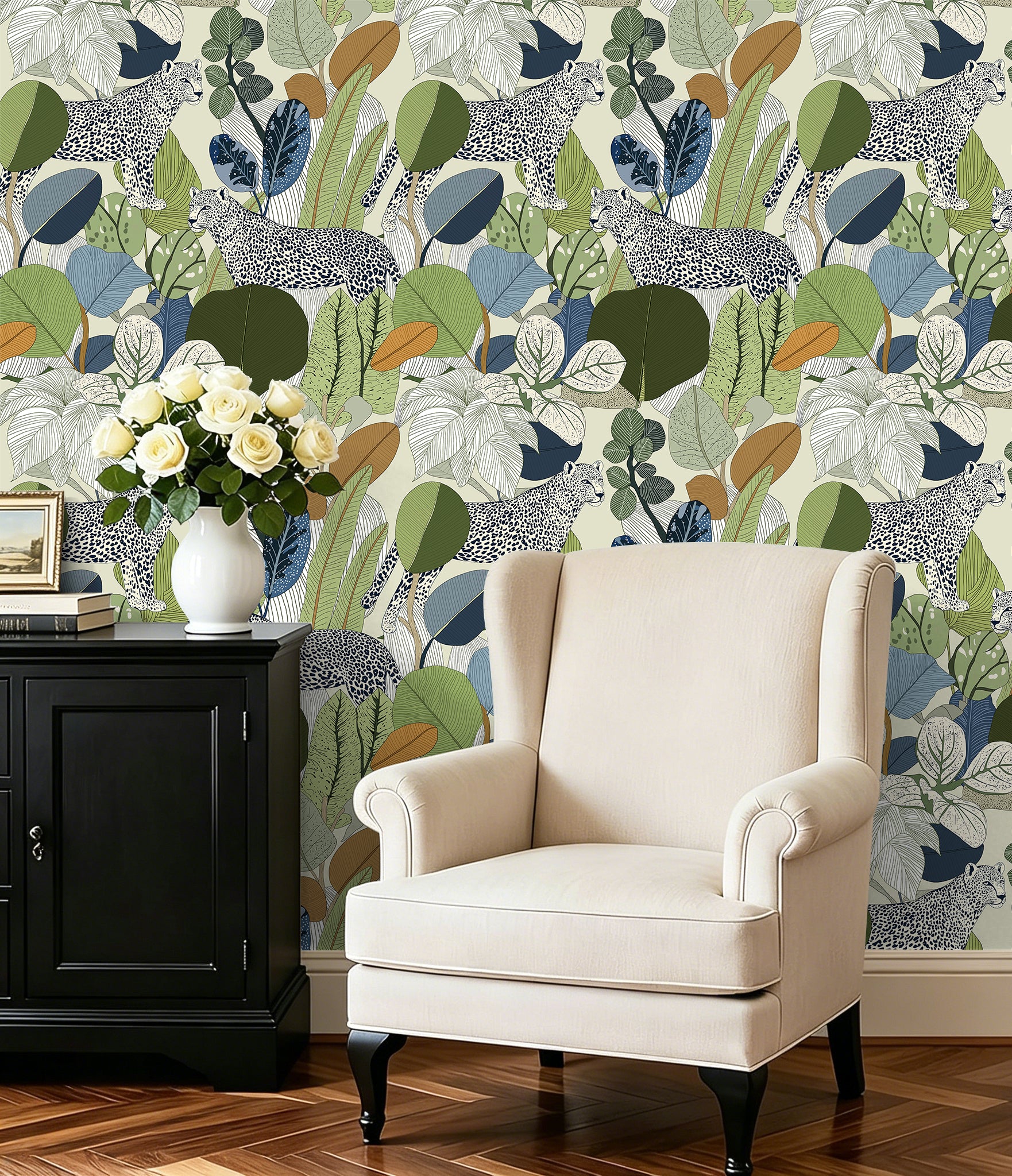 HaokHome Floral Peel and Stick Wallpaper Boho Leopard Tropical Botanical, Muted Color Leaf Removable Self Adhesive Vinyl Contact Paper for Living Room & Bedroom