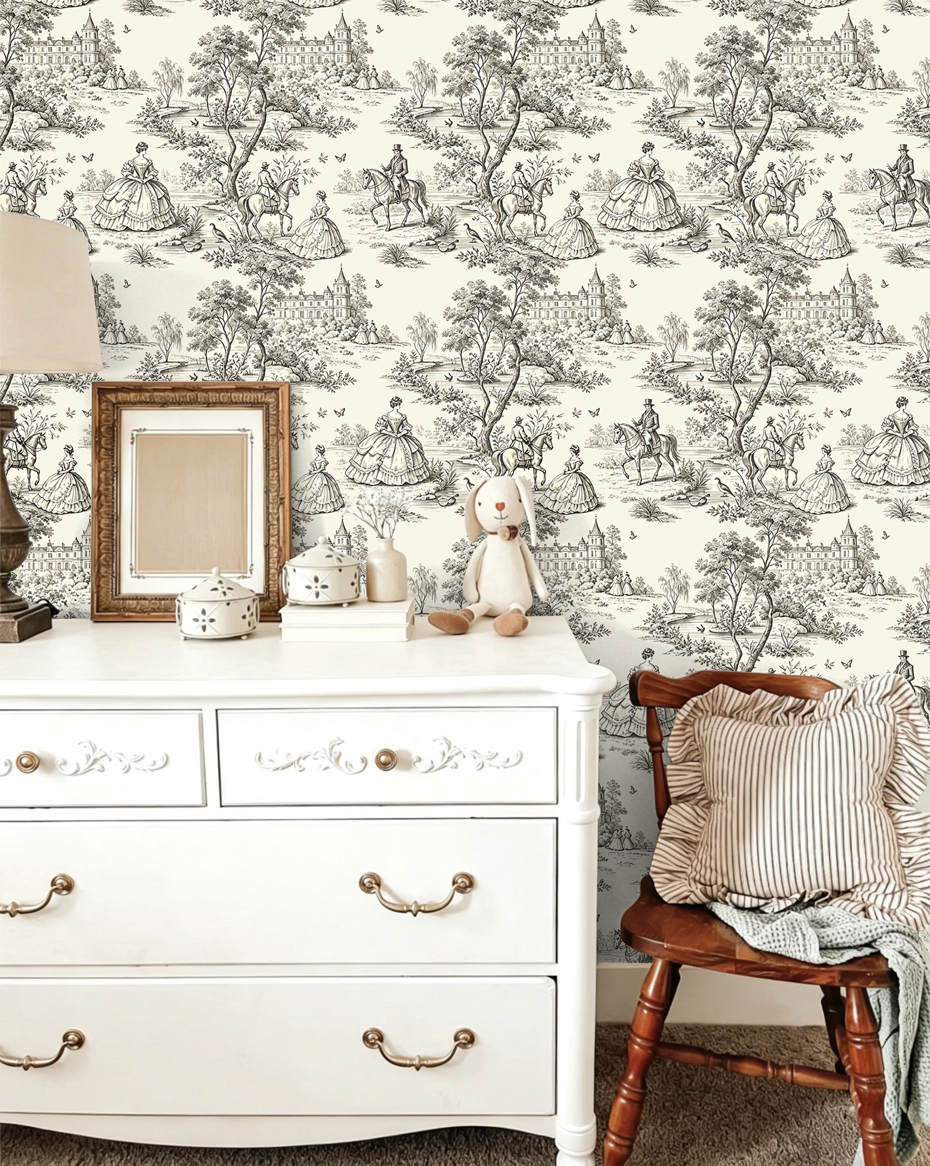 HaokHome Soft Tone Toile de Jouy Peel and Stick Wallpaper, Beige & Off-White French Vintage Scenic Removable Self Adhesive Wallpaper