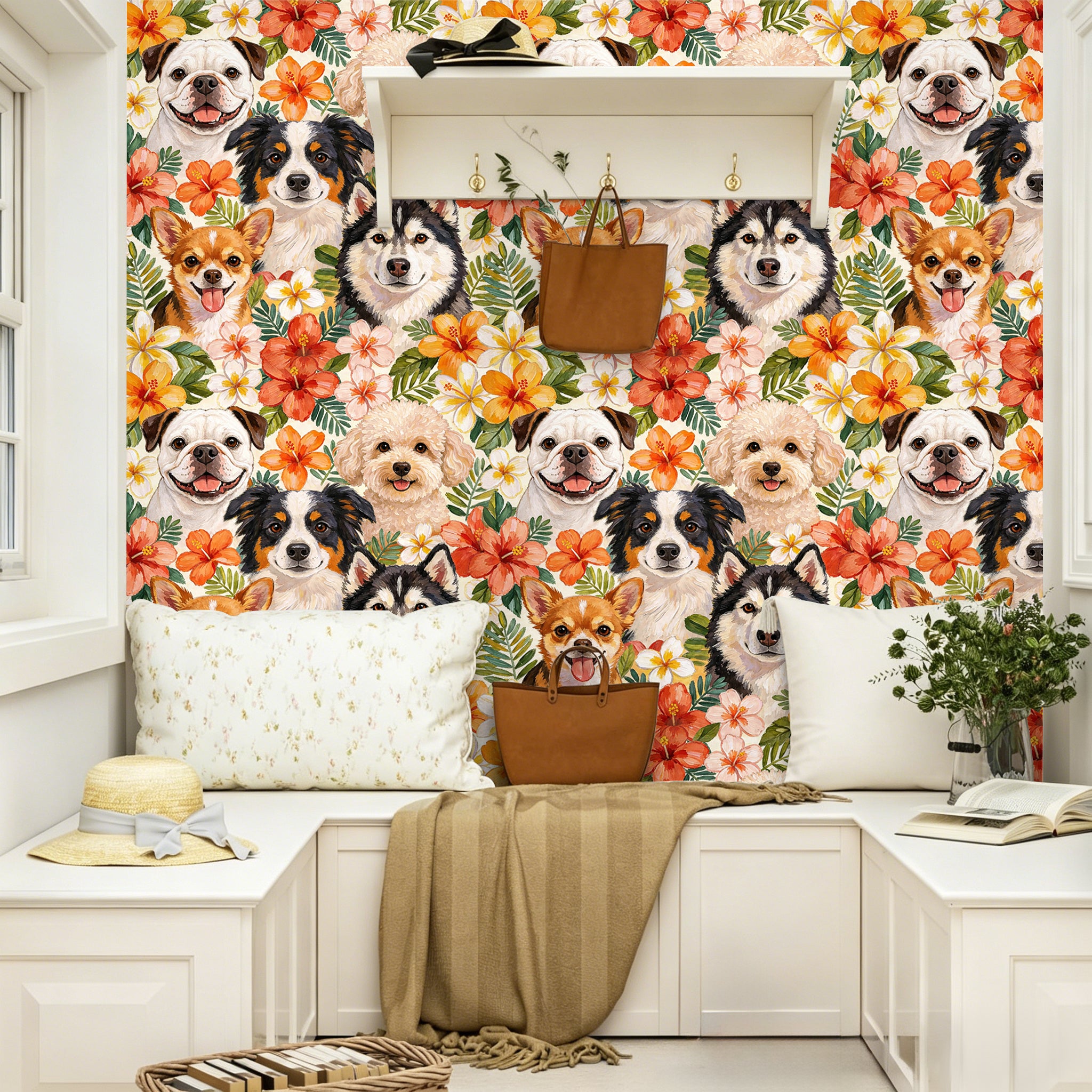 HaokHome Tropical Dog Floral Peel and Stick Wallpaper, Watercolor Puppy & Hibiscus Botanical Removable Self Adhesive Wallpaper