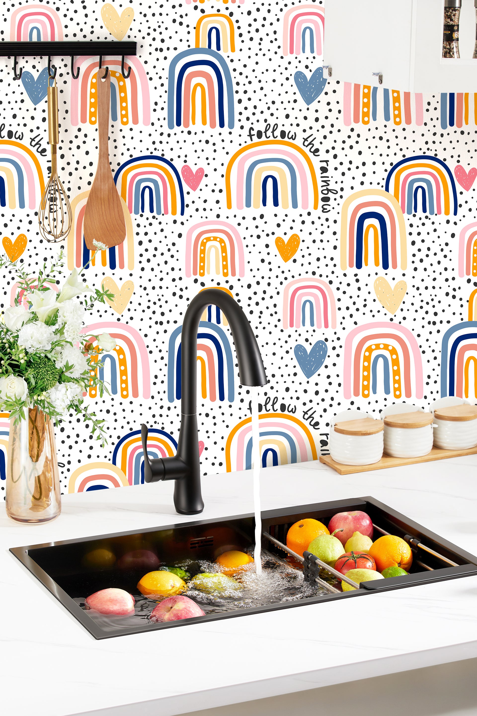 HaokHome Peel and Stick Wallpaper Boho Whimsical Rainbow & Hand-Drawn Hearts on Polka Dot Background Removable Wall Mural for Nursery & Kids Bedroom