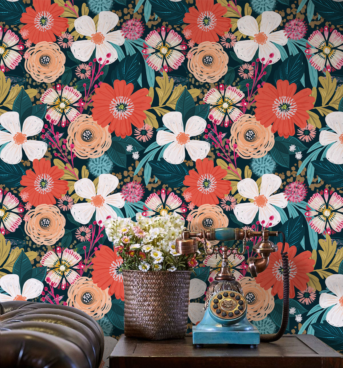 HaokHome Bohemian Floral Wallpaper Vibrant Red, Pink, and Yellow Flowers on Dark Green Background