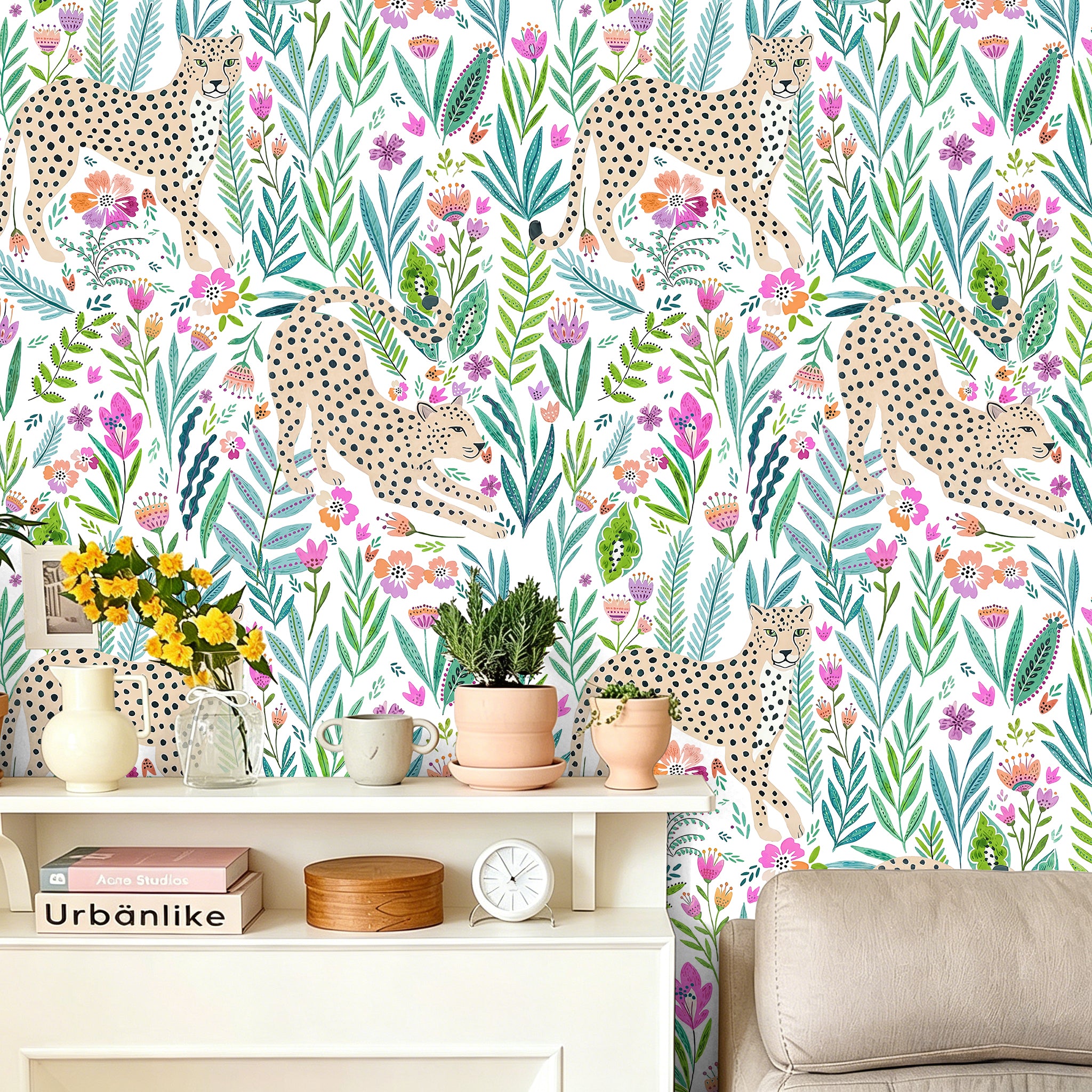 HaokHome Floral Peel and Stick Wallpaper Colorful Tropical Cheetah Jungle, Boho Botanical Flat Illustration Removable Self Adhesive Vinyl Contact Paper for Living Room
