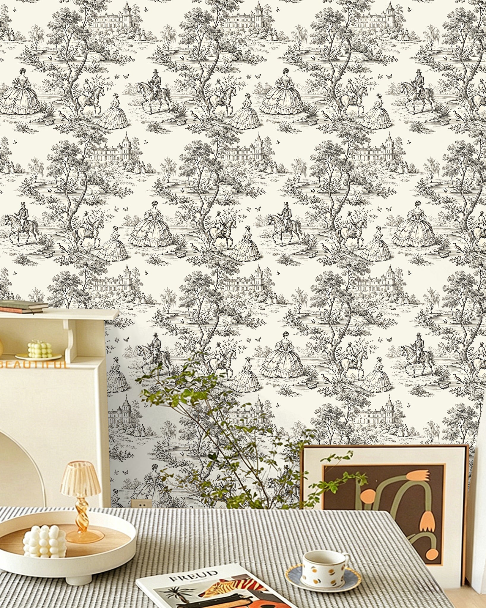 HaokHome Soft Tone Toile de Jouy Peel and Stick Wallpaper, Beige & Off-White French Vintage Scenic Removable Self Adhesive Wallpaper