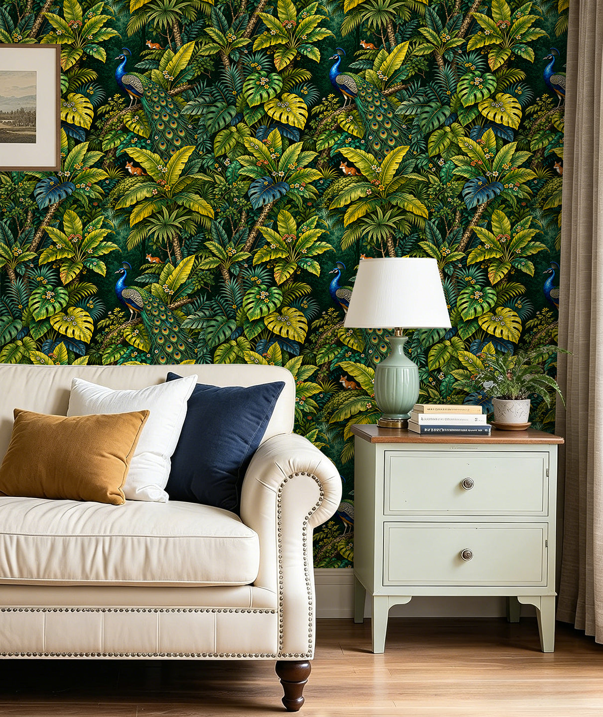 HaokHome Peel and Stick Wallpaper Tropical Jungle Peacock Removable Wall Decor with Lush Botanical & Fox Pattern for Exotic Nature Room