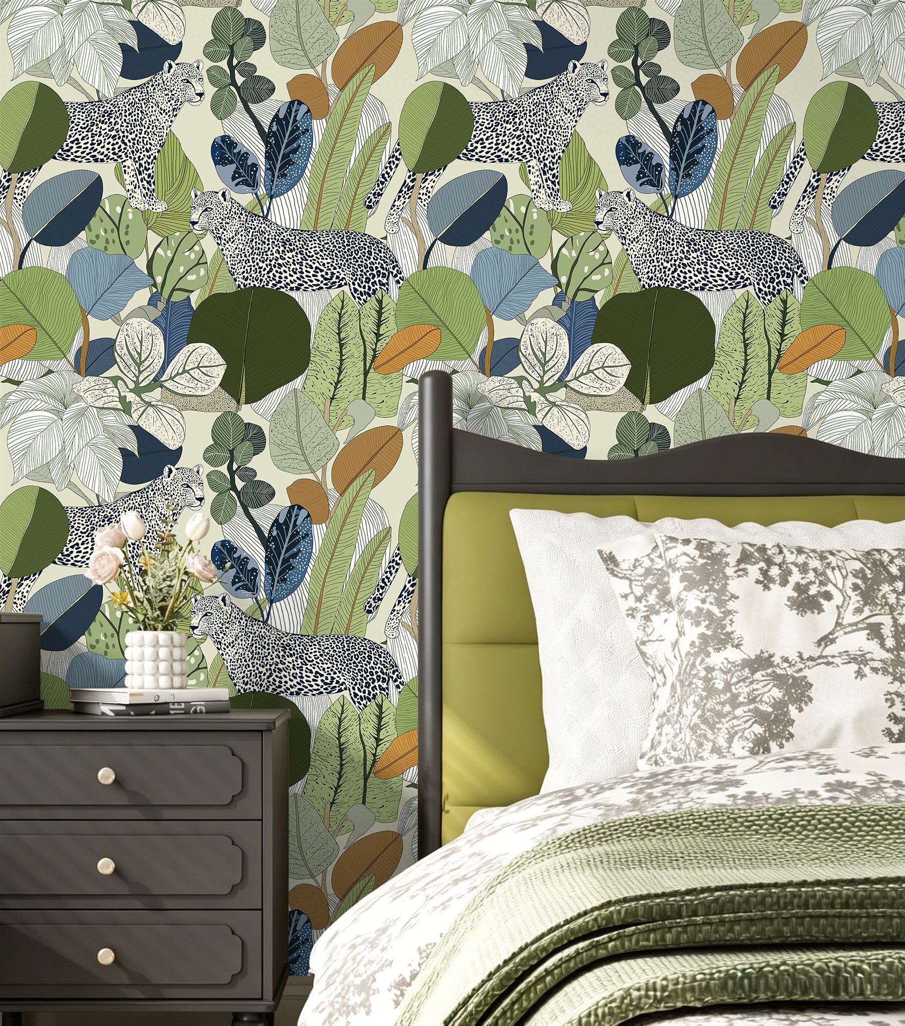 HaokHome Floral Peel and Stick Wallpaper Boho Leopard Tropical Botanical, Muted Color Leaf Removable Self Adhesive Vinyl Contact Paper for Living Room & Bedroom