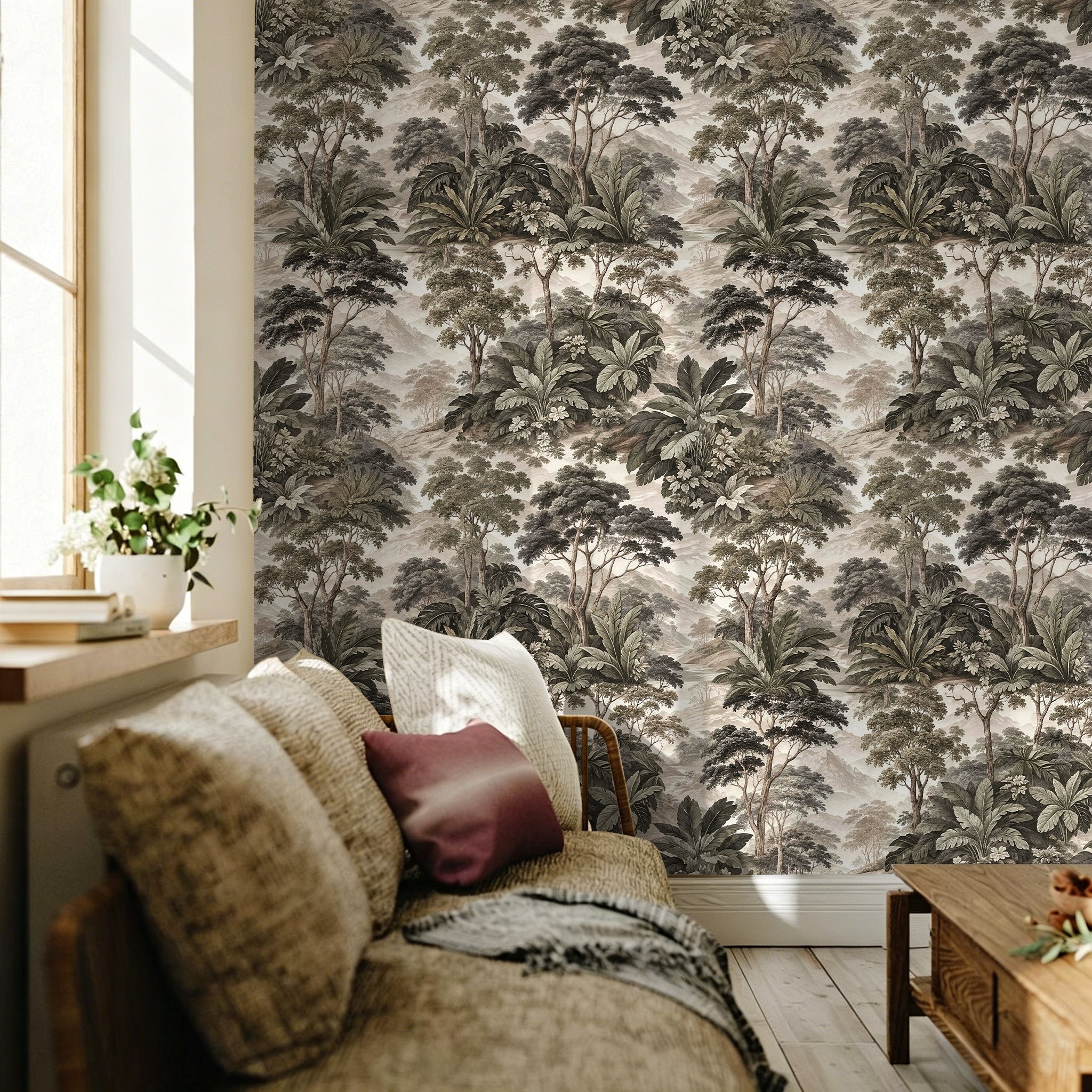 Vintage Tropical Landscape Wallpaper – Sepia Jungle Tree Botanical Print
