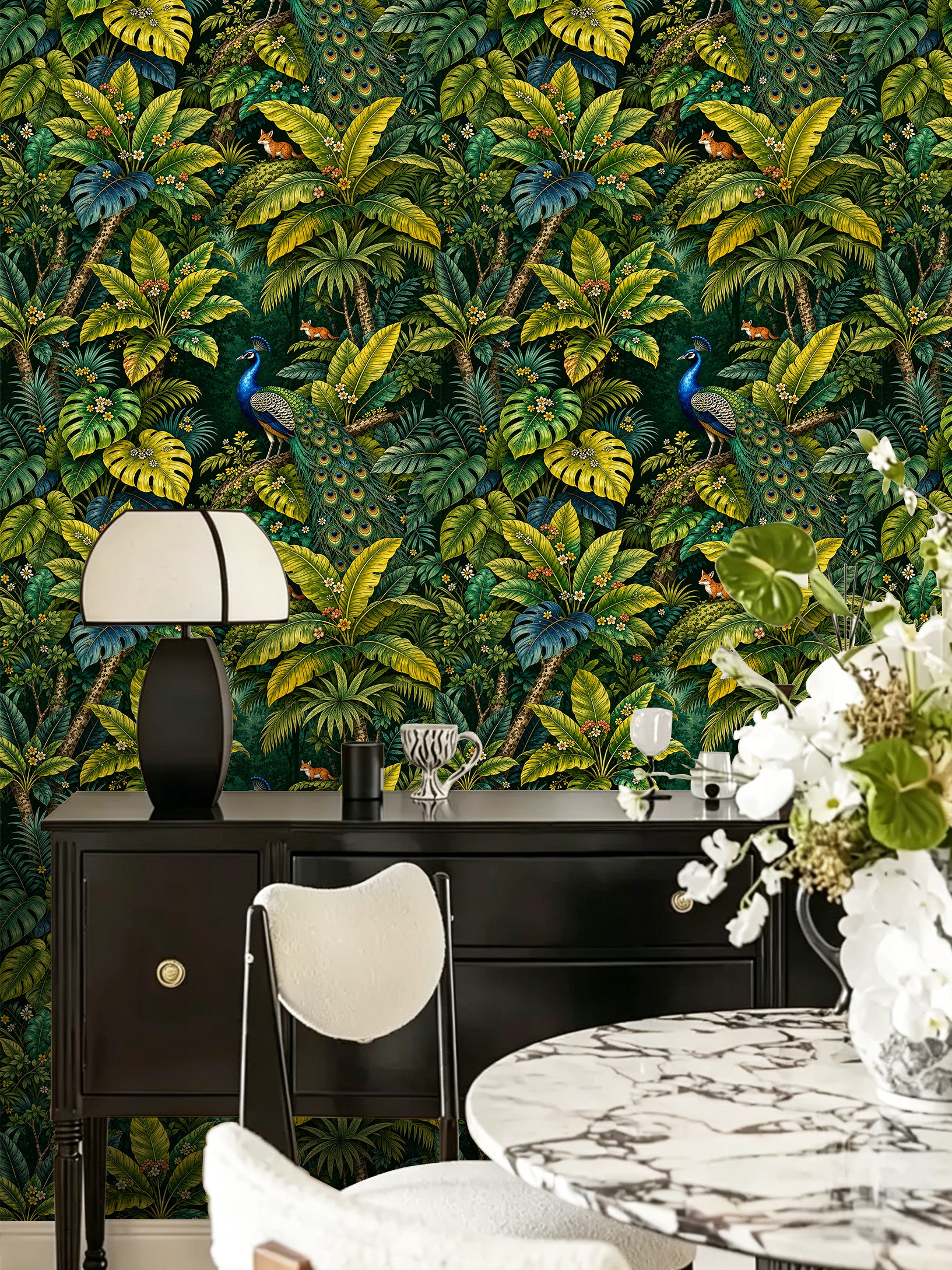 HaokHome Peel and Stick Wallpaper Tropical Jungle Peacock Removable Wall Decor with Lush Botanical & Fox Pattern for Exotic Nature Room