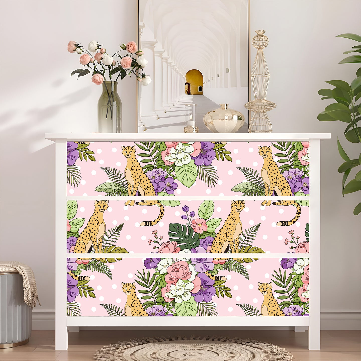HaokHome Floral Peel and Stick Wallpaper Retro Polka Dot Cheetah Jungle, Macaron Floral Flat Illustration Removable Self Adhesive Vinyl Contact Paper for Living Room & Bedroom