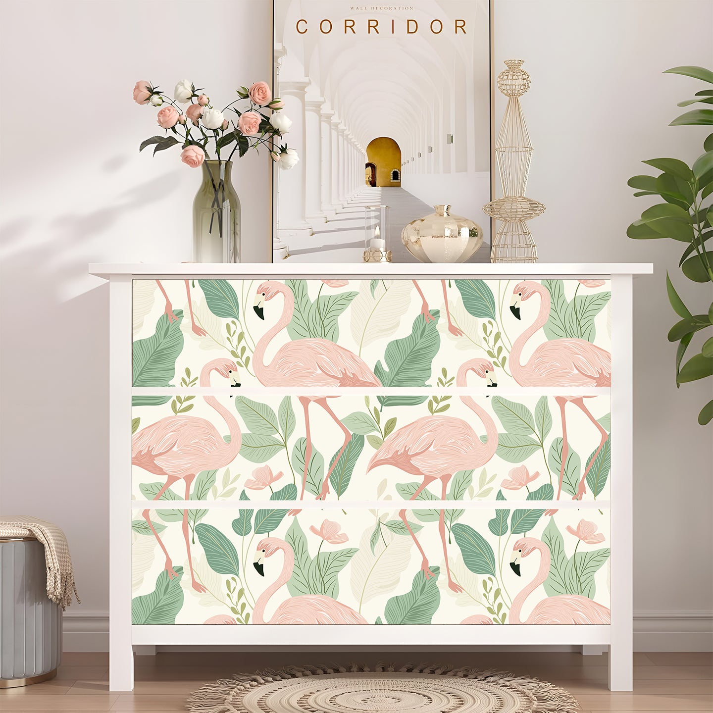 HaokHome Peel and Stick Wallpaper - Soft Pastel Flamingo & Leaf Pattern Removable Self Adhesive Wallpaper for Nursery & Kids Room