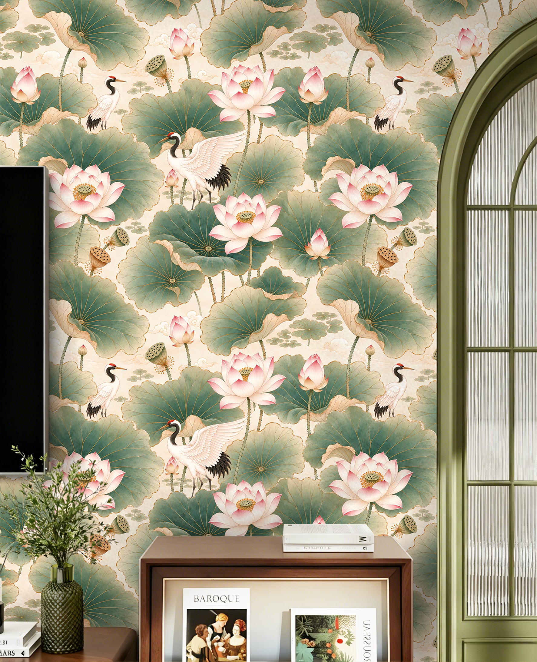 HaokHome Peel and Stick Wallpaper Chinoiserie Lotus Crane Floral Wall Mural Removable Self Adhesive Serene Botanical Wallpaper