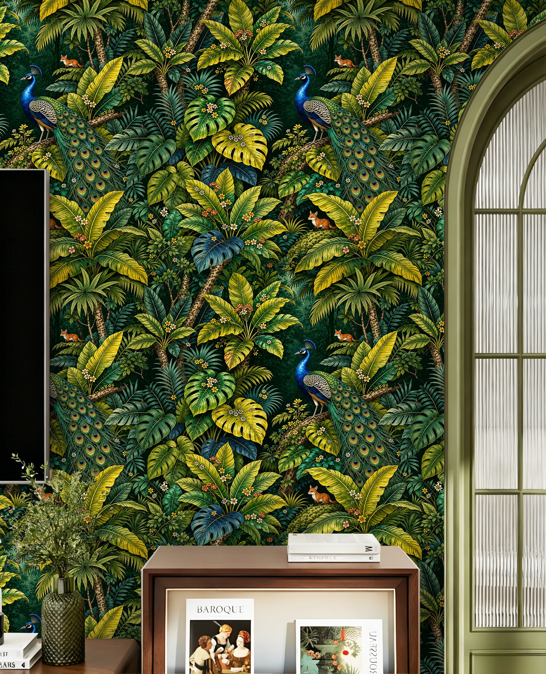 HaokHome Peel and Stick Wallpaper Tropical Jungle Peacock Removable Wall Decor with Lush Botanical & Fox Pattern for Exotic Nature Room