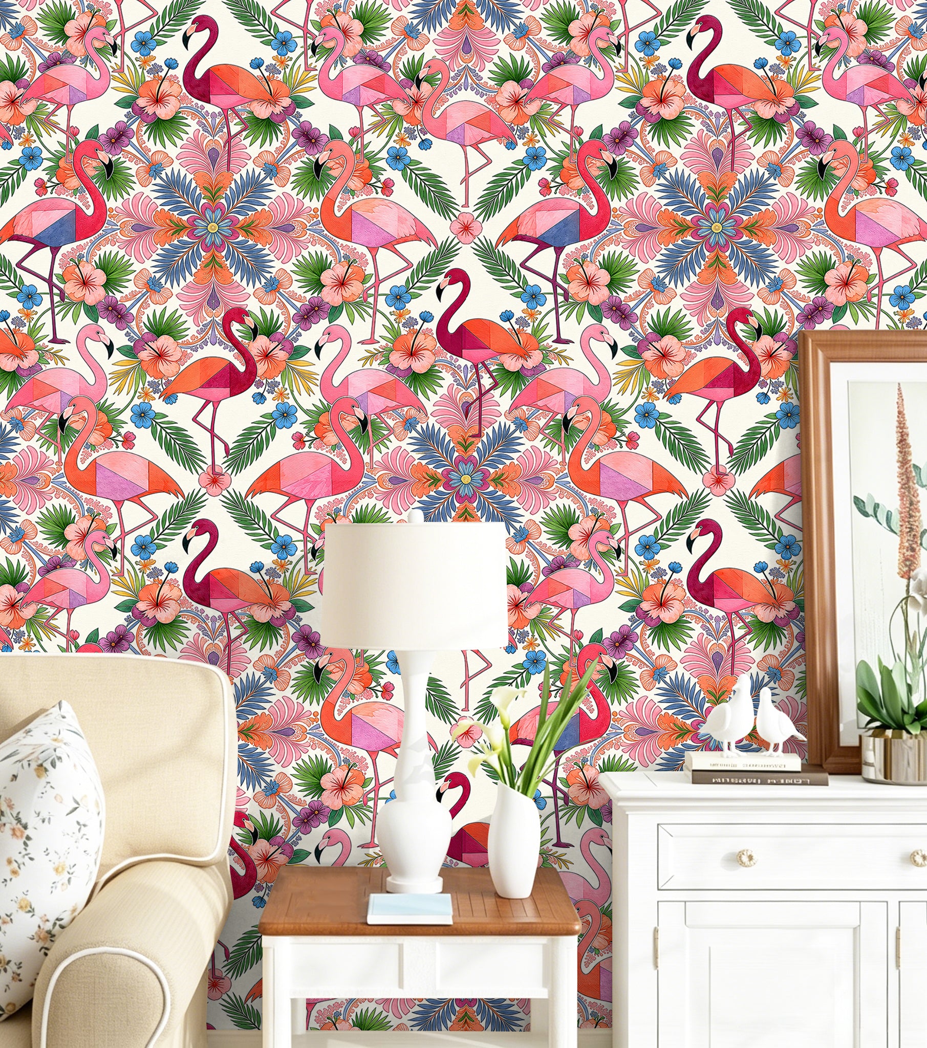 HaokHome Peel and Stick Wallpaper Colorful Flamingo Mandala Tropical Removable Wall Decor with Geometric Floral Pattern for Bright Boho Room