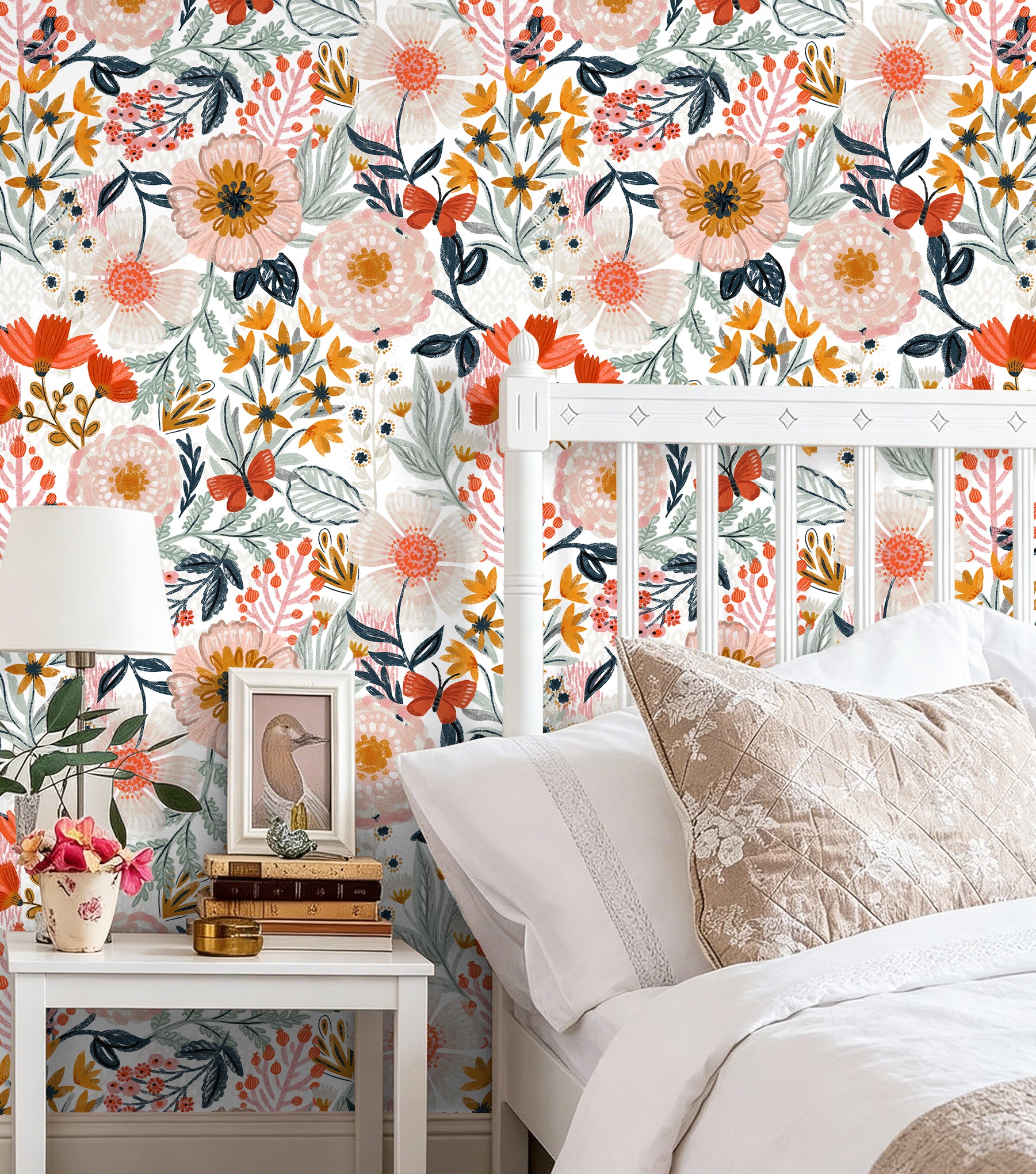 HaokHome Wallpaper Peel and Stick Wildflower White/Orange/Yellow Floral with Butterflies Removable Mural