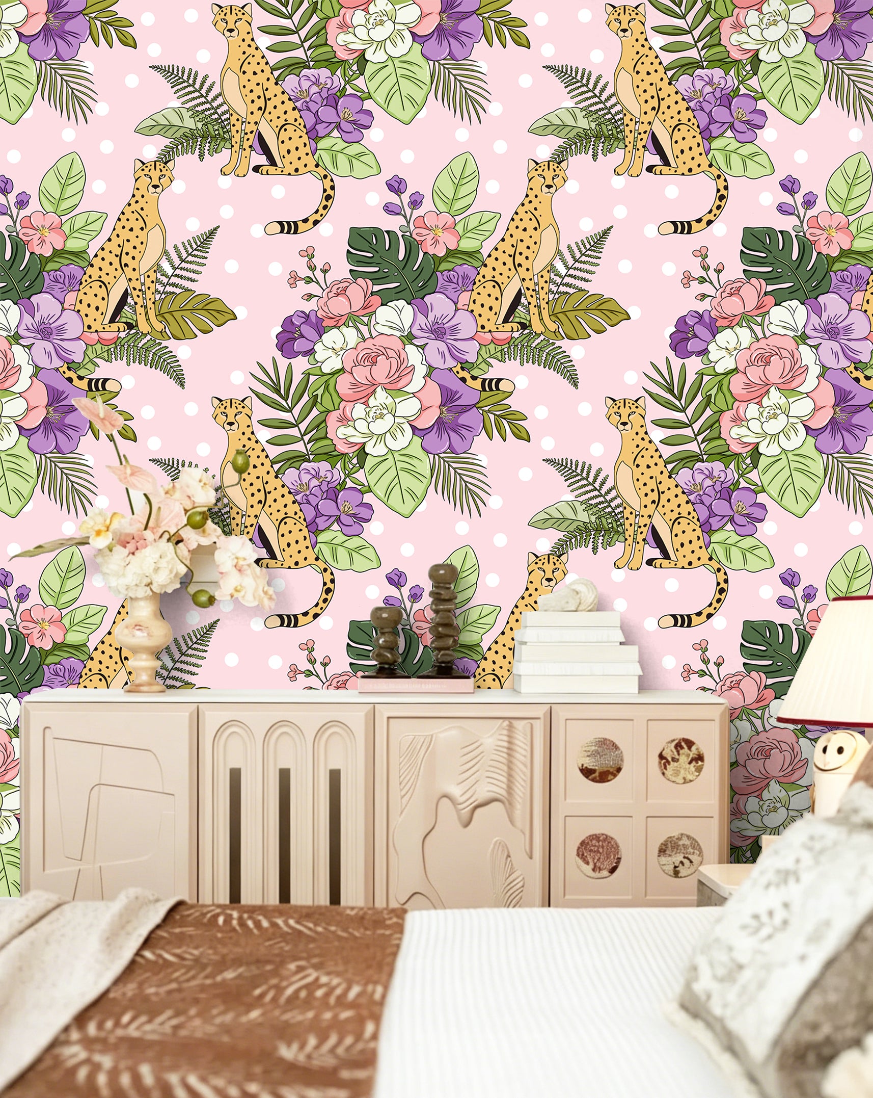 HaokHome Floral Peel and Stick Wallpaper Retro Polka Dot Cheetah Jungle, Macaron Floral Flat Illustration Removable Self Adhesive Vinyl Contact Paper for Living Room & Bedroom