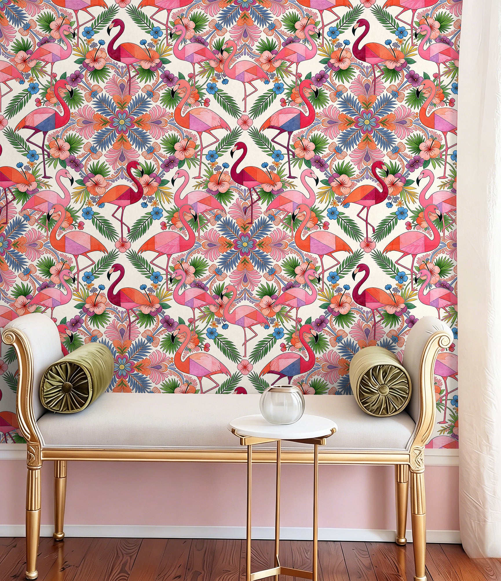 HaokHome Peel and Stick Wallpaper Colorful Flamingo Mandala Tropical Removable Wall Decor with Geometric Floral Pattern for Bright Boho Room