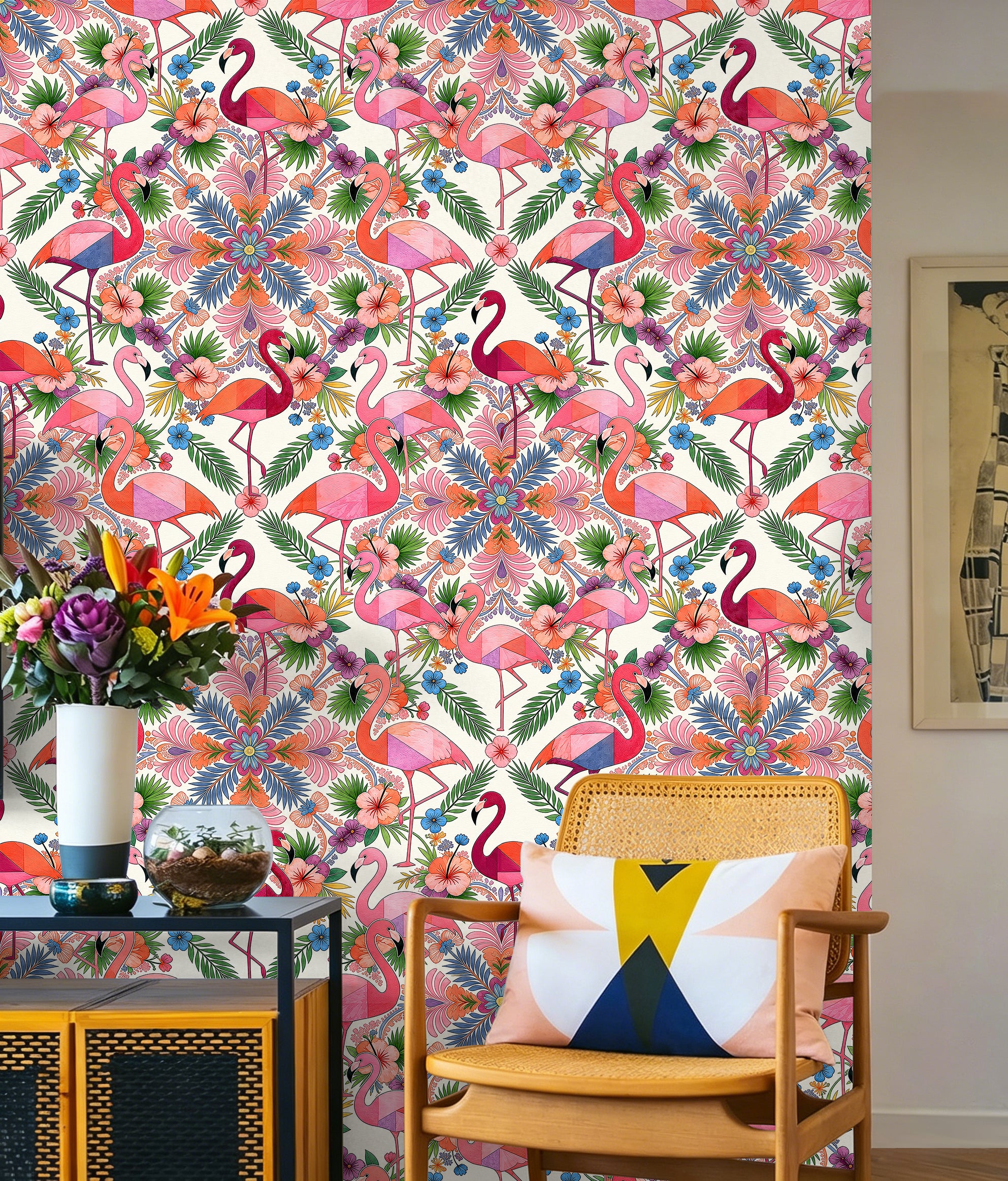 HaokHome Peel and Stick Wallpaper Colorful Flamingo Mandala Tropical Removable Wall Decor with Geometric Floral Pattern for Bright Boho Room
