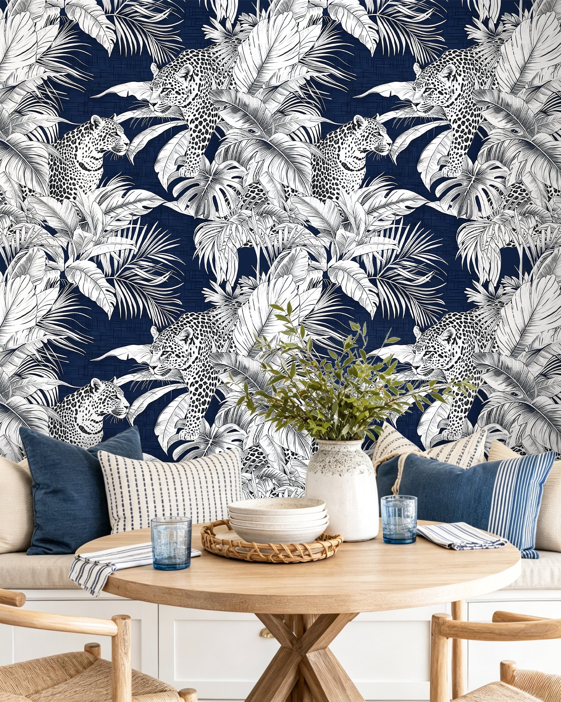 HaokHome Peel and Stick Wallpaper Tropical Leopard Navy Botanical Wall Mural Removable Self Adhesive Jungle Animal Wallpaper