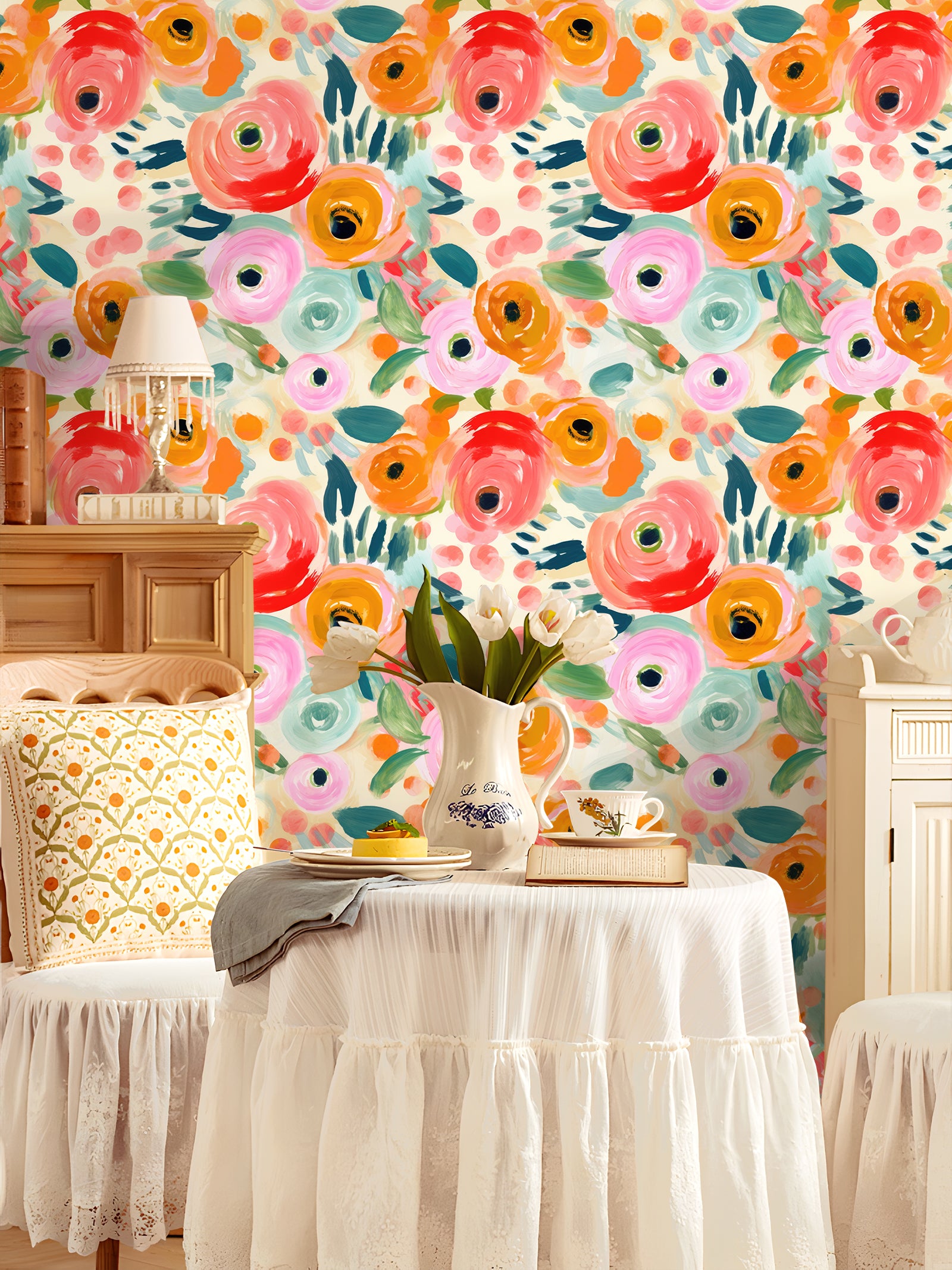 Abstract Brushstroke Ranunculus Wallpaper – Vibrant Impressionist Floral Print
