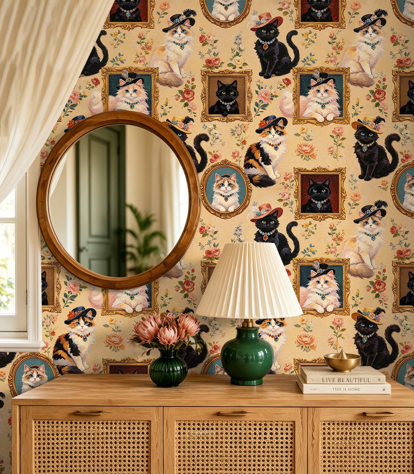 HaokHome Peel and Stick Wallpaper Vintage Aristocat Floral Wall Mural Removable Self Adhesive Whimsical Cat Wallpaper
