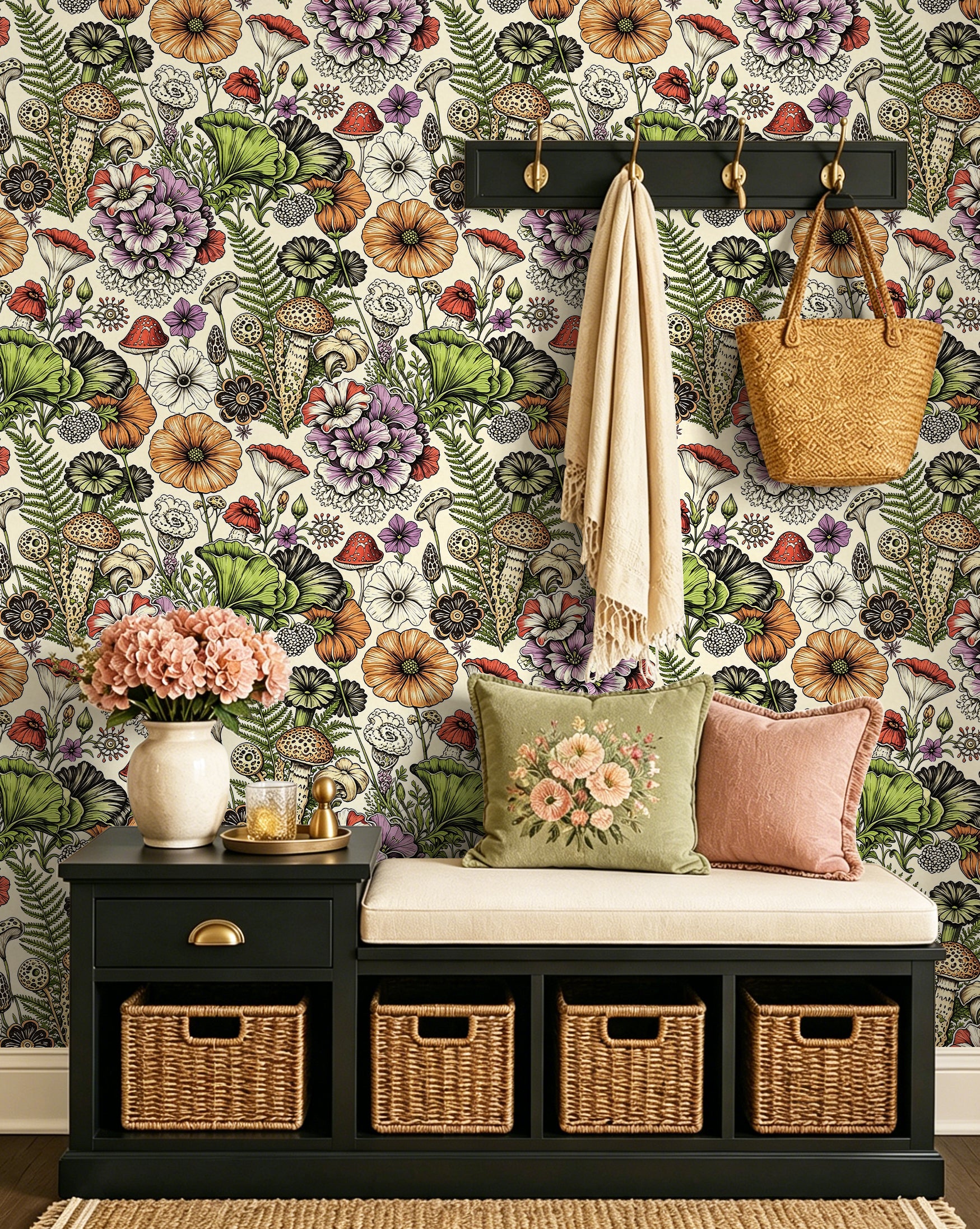 HaokHome Refresh Accent Wall Vintage Mushroom Floral Peel and Stick Wallpaper
