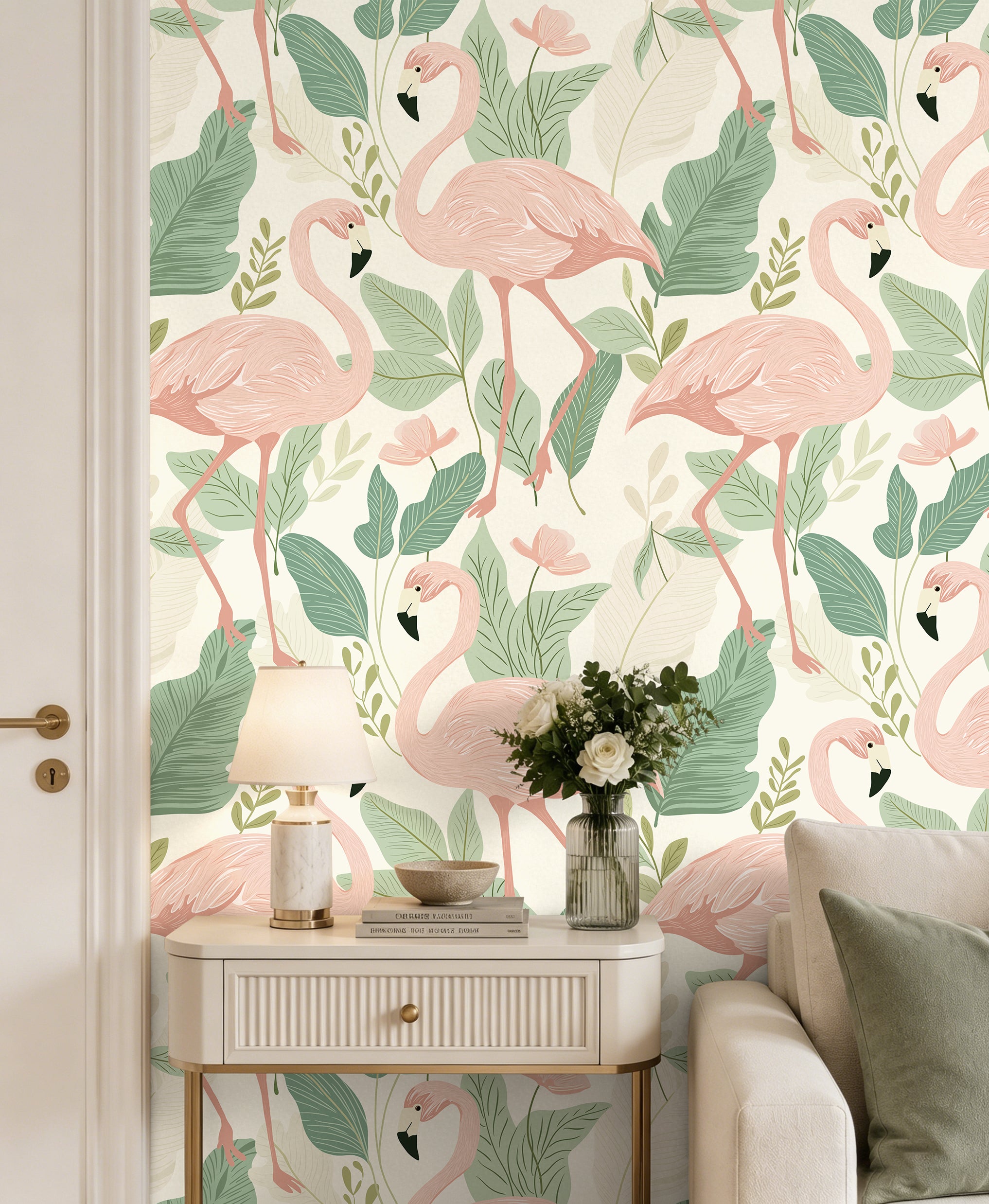 HaokHome Peel and Stick Wallpaper - Soft Pastel Flamingo & Leaf Pattern Removable Self Adhesive Wallpaper for Nursery & Kids Room